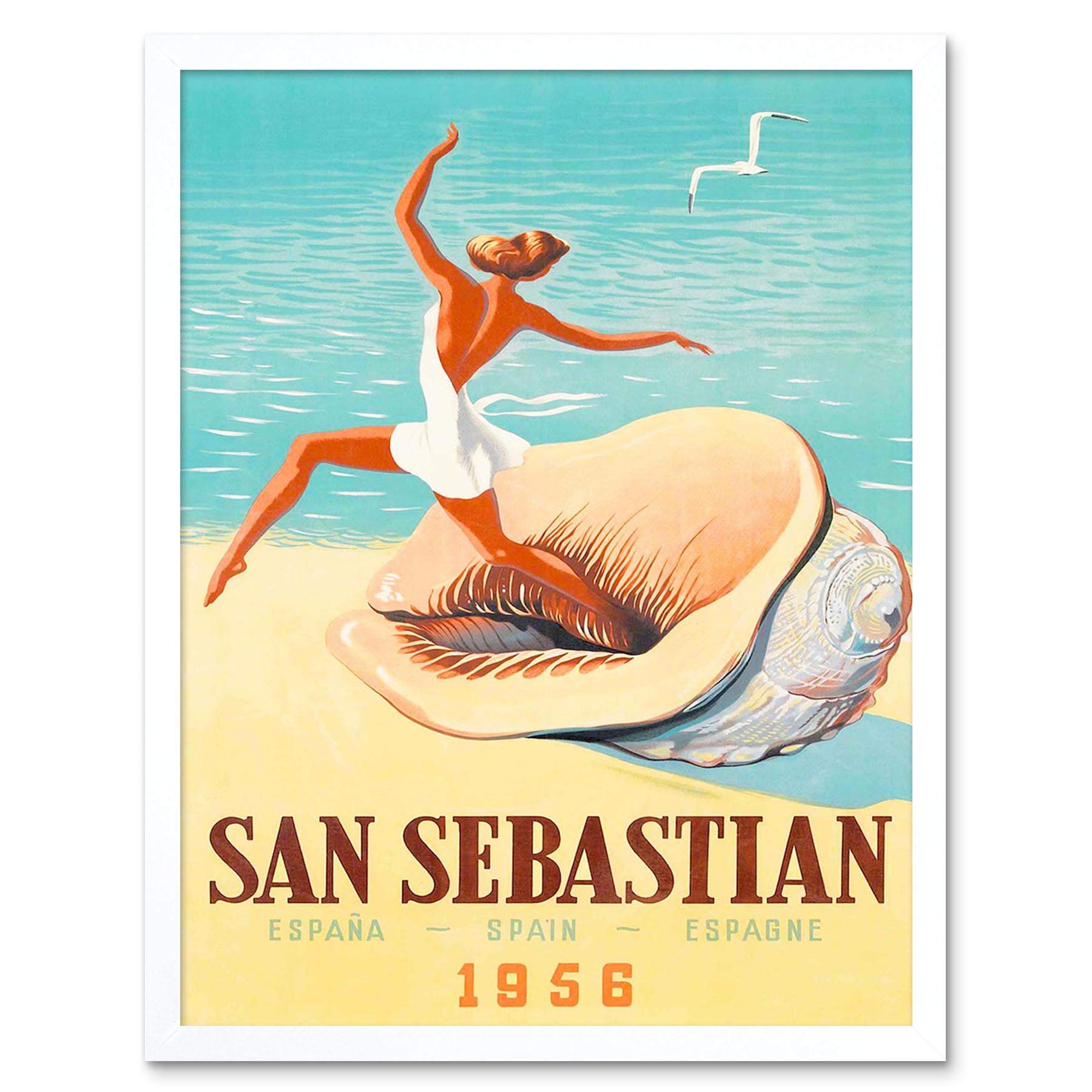 Wee Blue Coo Travel Tourism San Sebastian Spain Beach Conch Shell Gull Sea Sand Art Print Framed Poster Wall Decor 12X16 Inch