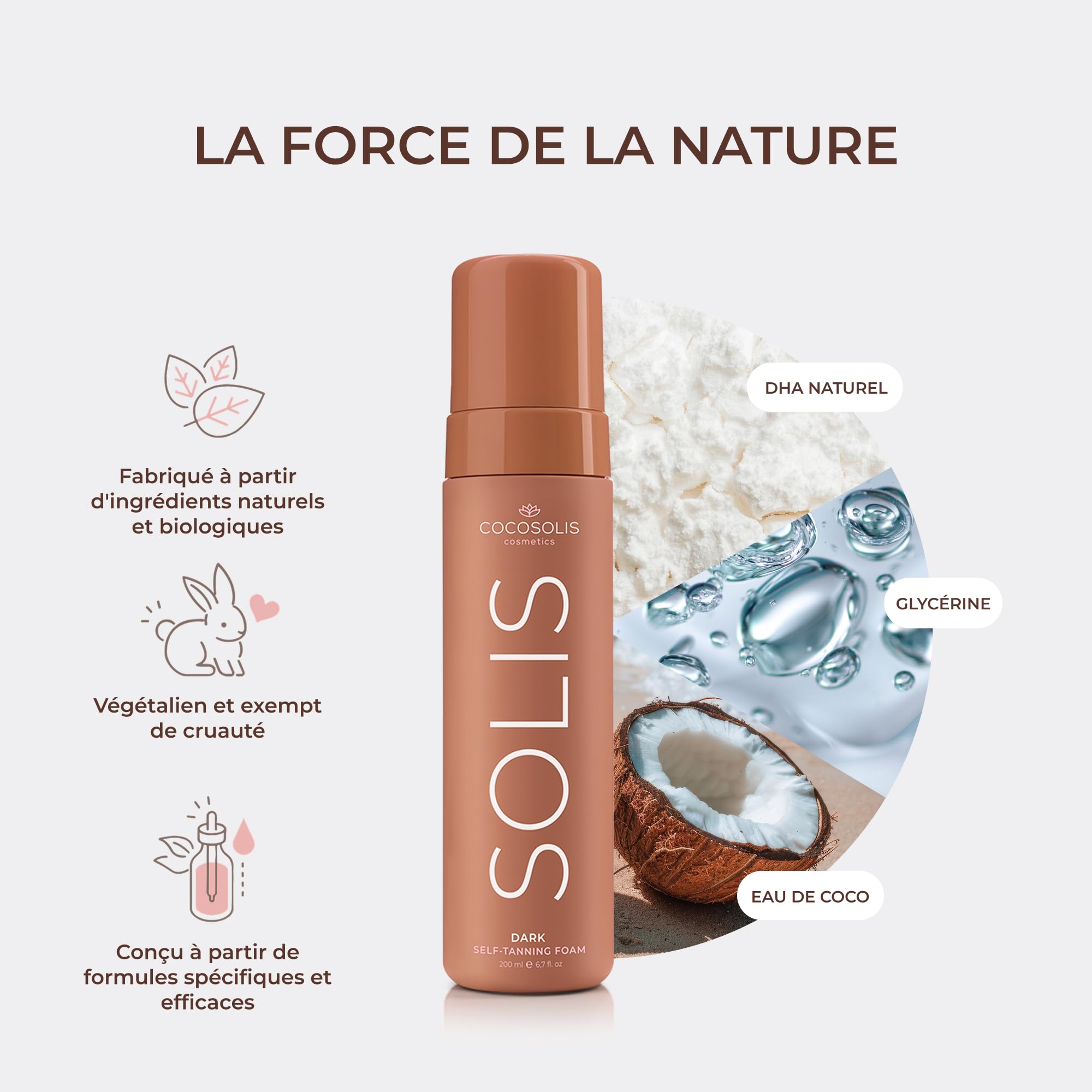 COCOSOLIS SOLIS Dark autobronzant foncée visage et corps, mousse pour un bronzage riche, naturel et longue durée, au DHA végétal (200 ml)