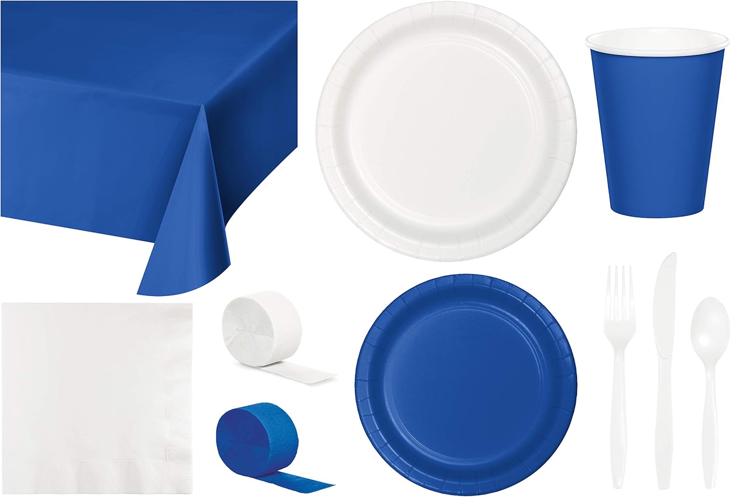 Baxters Party Bundle Bulk, Tableware for 24 People Cobalt Blue and White, 2 Size Plates Napkins, Paper Cups Tablecovers and Cutlery, Box of 199