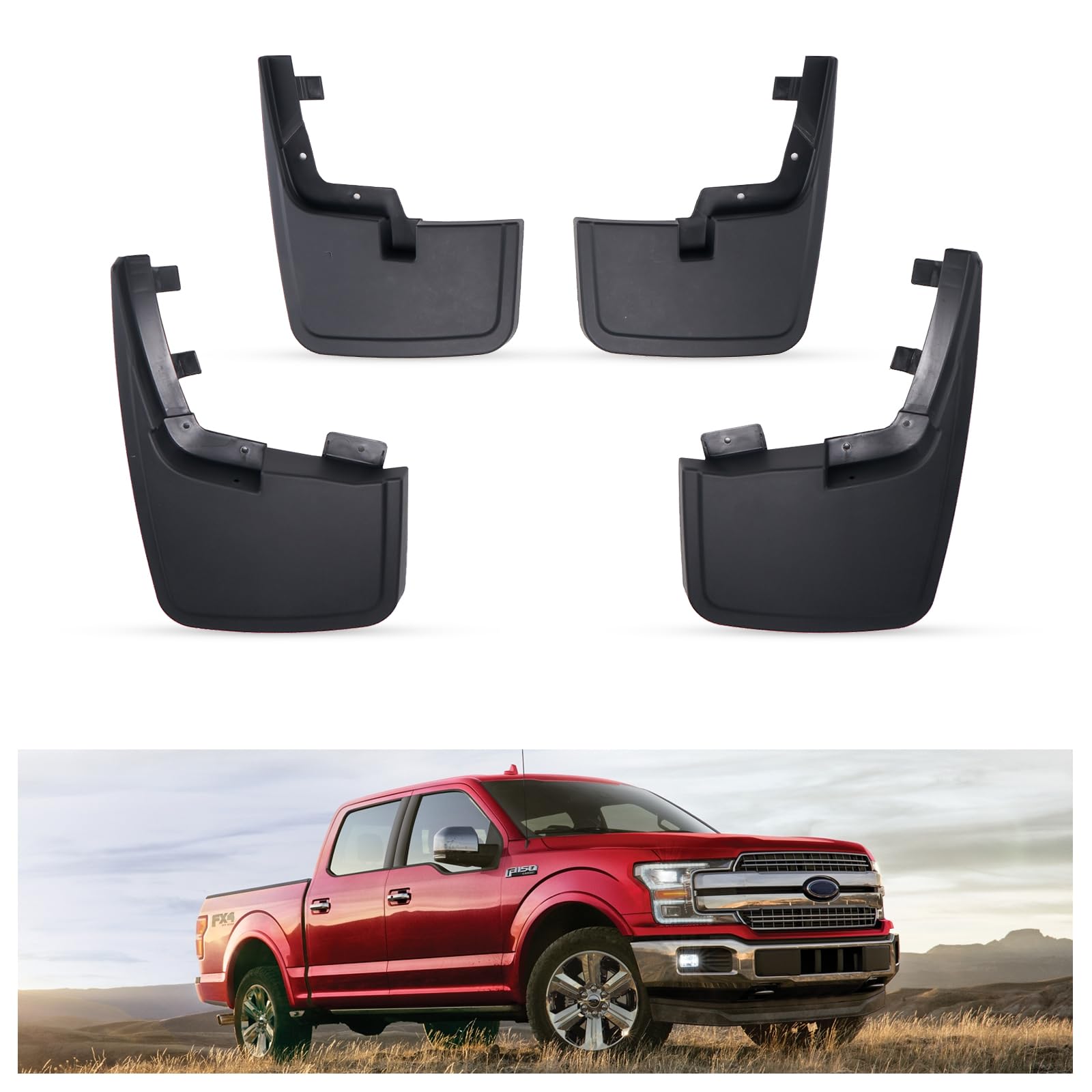 Kiwi Master No Drill Mud Flaps for 2015-2020 Ford F-150 Without Fender | OEM Replacement # FL3Z-16A550-CA, FL3Z-16A550-DA, Heavy Duty Mud Guards, Front &amp; Rear Splash Guards, 4 Pcs Set