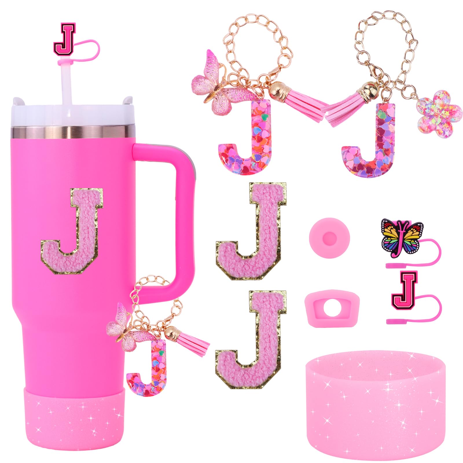 Liangang Pink Stanley Cup 9PCS Cup Accessories Set Compatible with 30oz & 40oz Cups,Includes Straw Cover,Boot,Spill-Proof Stopper,2PCS Handle Charm &