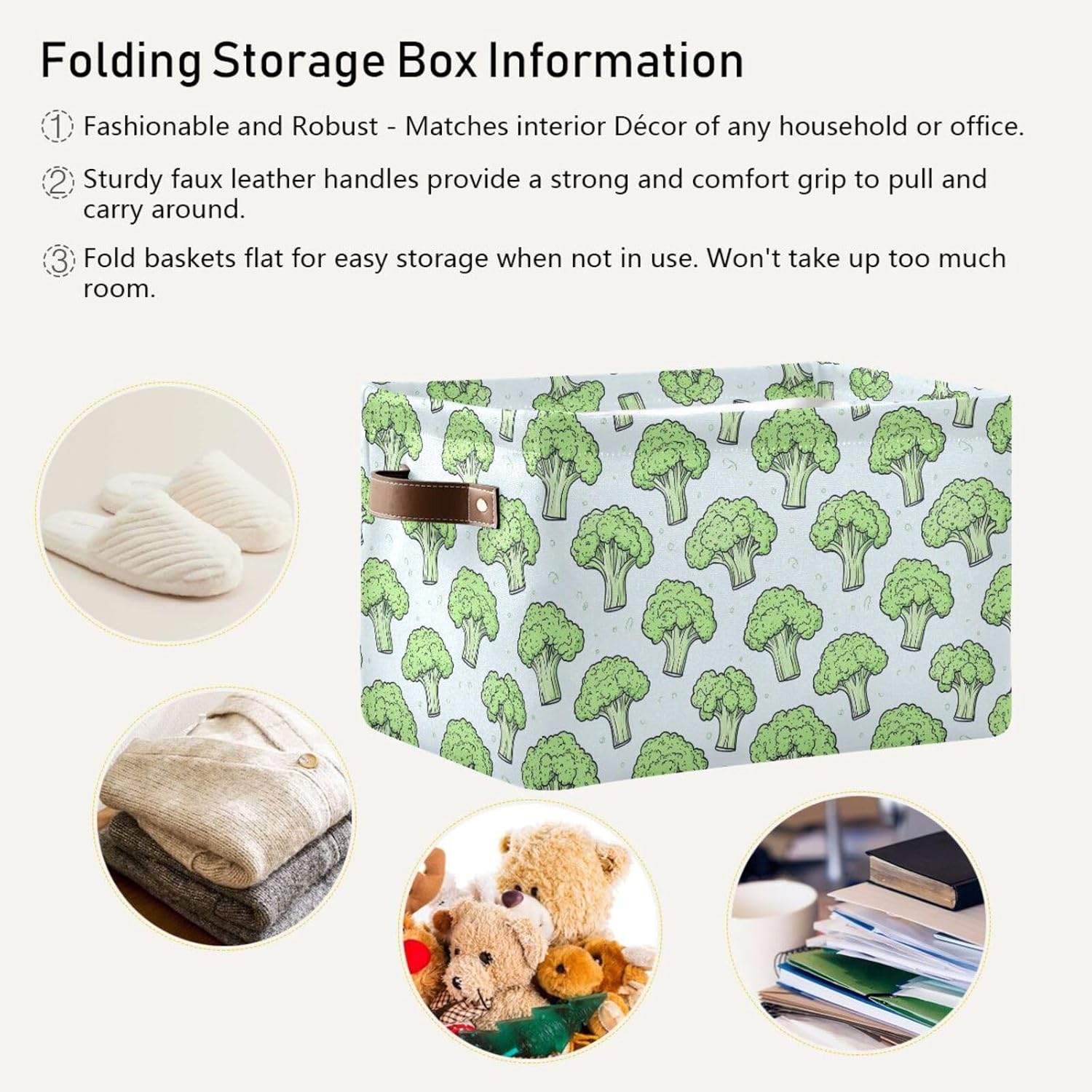 Large Storage Baskets Vegetable Broccoli Pattern Fabric Storage Bins with Handles Decorative Collapsible Shelf Baskets for Organizing Clothes, Towel, Toys, Home