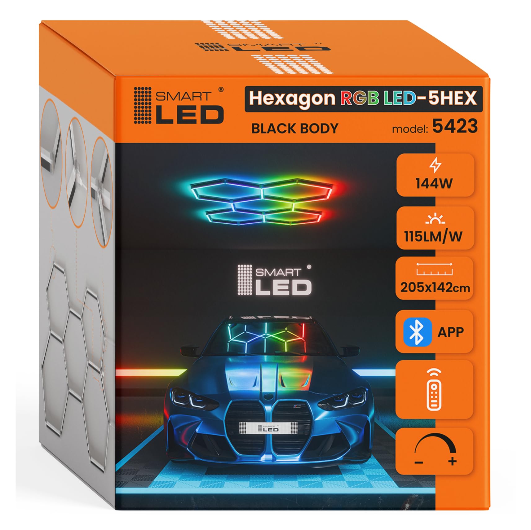 Hexagon LED Deckenlampe 205x142 cm – 24er Set Werkstattbeleuchtung 144W 16560lm – RGB – IP54 flimmerfrei – LED Garagenbeleuchtung, Tattoo, Detailing, Schwarz, APP, (205 x 142CM, RGB, 144W)