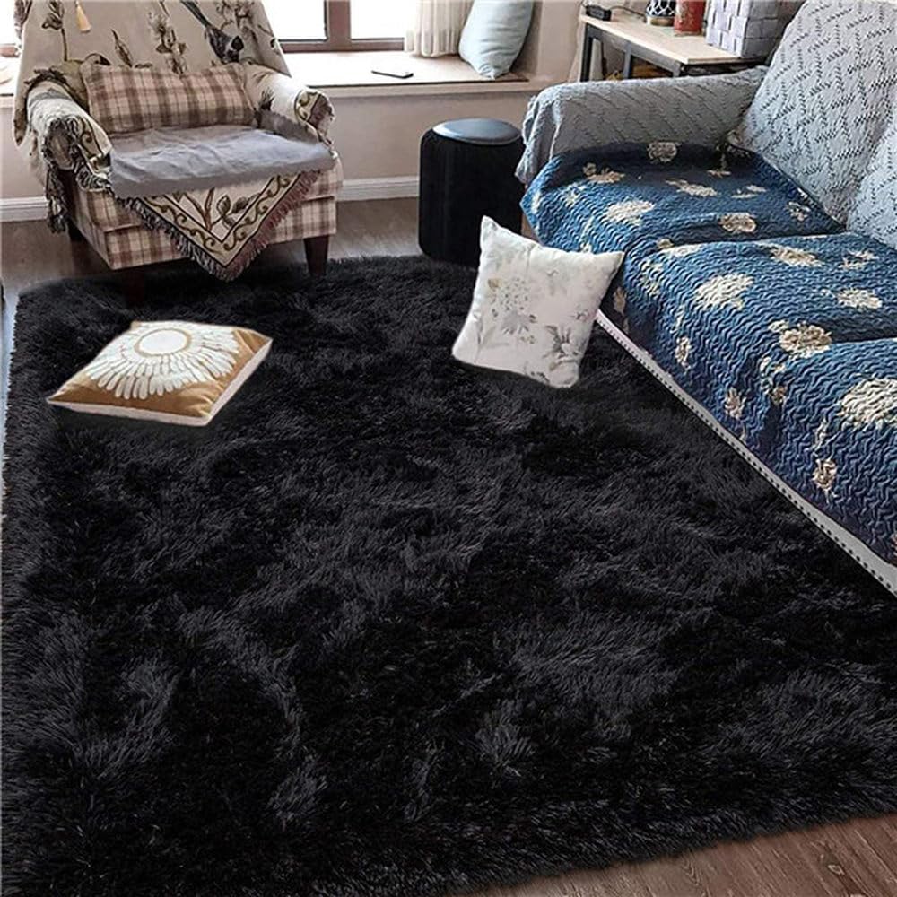 Tapis de chambre noir 200x300 cm grand format à poils longs