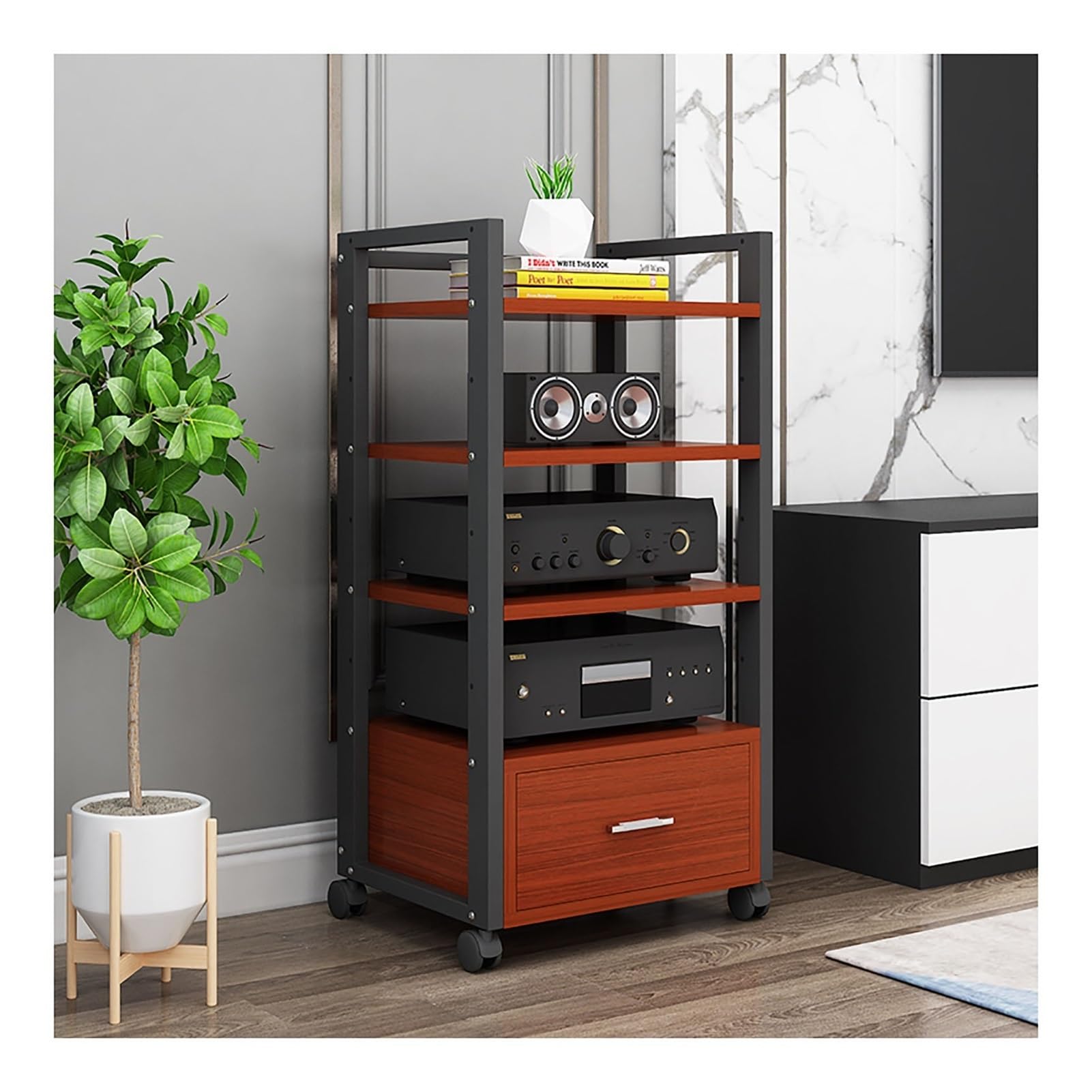 60 Long Multi-Tier Audio Rack with Drawer Amplifier Stand hifi AV Cabinet Mobile Kickstand CD Rack Media Storage Shelf Protects and organizes your valuable music, movie and video game collection. ( Co