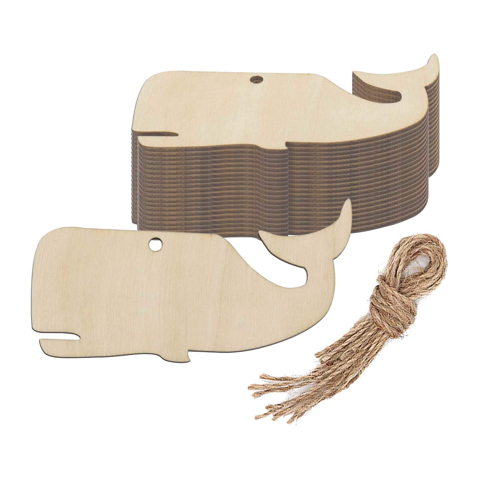 Creaides 20pcs Whale Wooden Hanging Ornaments Whale Shaped Wood DIY Craft Cutout with Hole Hemp Ropes Wood Tags for Wedding Birthday Ocean Theme Party Decoration