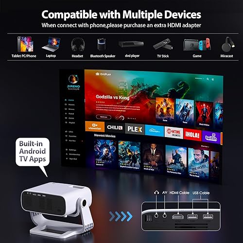 Miniatura 4 de Nuevo proyector inteligente 2025 con WiFi 6 y aplicaciones Bluetooth integradas, mini proyector portátil para dormitorio, soporte nativo 1080P 4K,