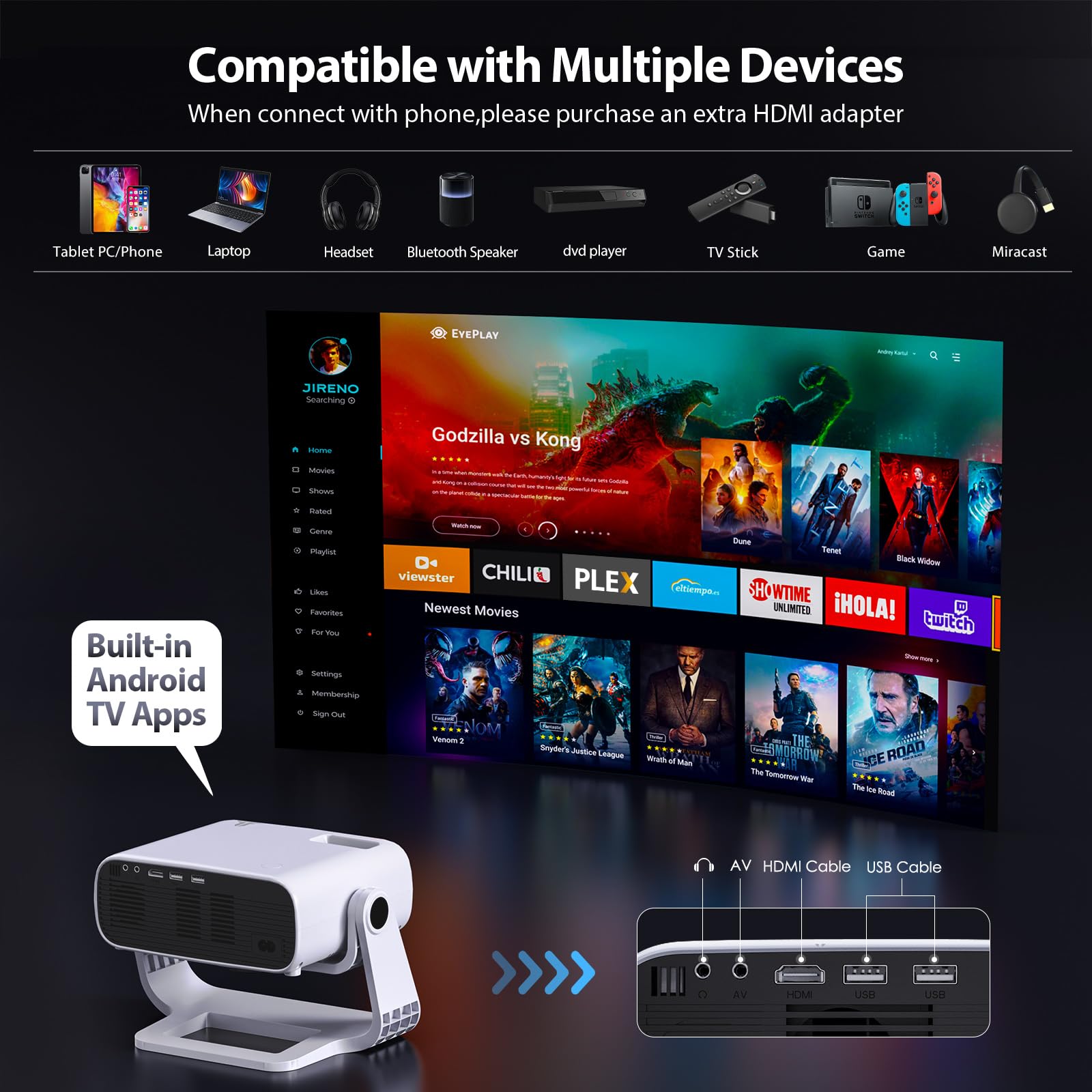 Wielio Smart Projector with WiFi 6 and Bluetooth - 4K Support 350Ansi Portable Bedroom Mini Projector Native 1080P , 2026 New Auto Keystone & Zoom Home Theater Cinema Movie Proyector, 120° Stand