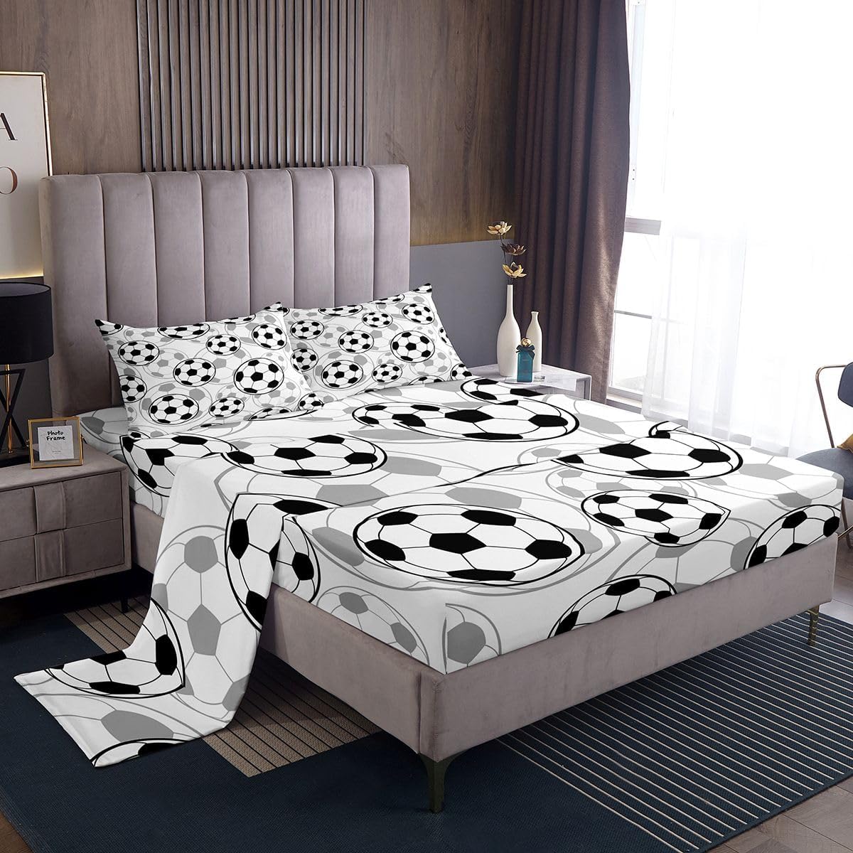 Feelyou Football Bed Sheet Set Soccer Ball Sports Pattern Bedding Sheets for Kids Boys Girls Sports Theme Bedding Fitted Sheet Ball Competition Games Bed Cover Bedroom Collection 4Pcs Full Size