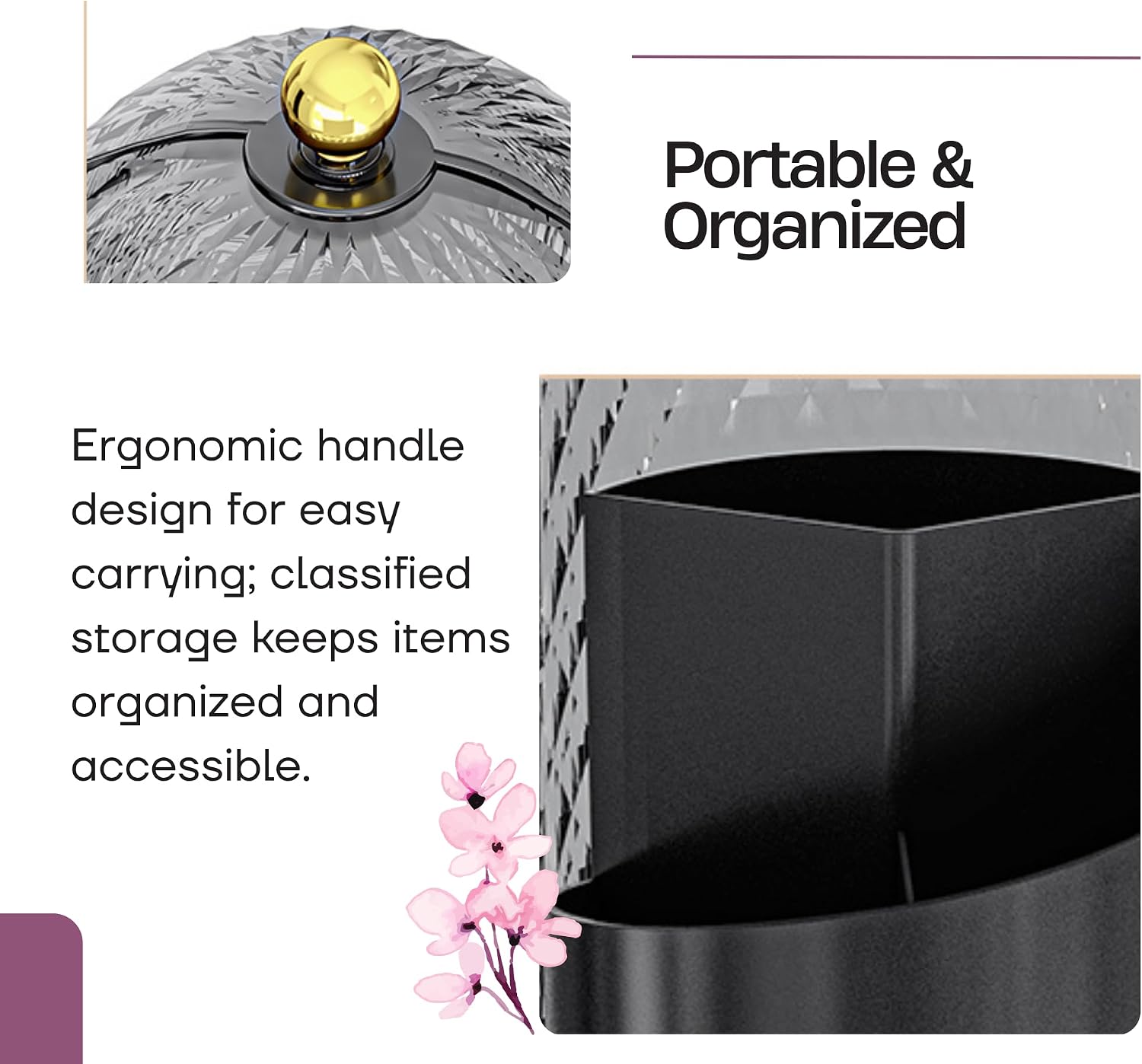 LEFEEL Lumière Mini 360 Rotating Makeup Organizer with Lid, Diamond Cut Cosmetic Organizer - Dustproof Vanity Organizer for Makeup Brushes, Toothbrush & Bathroom Countertop （Black