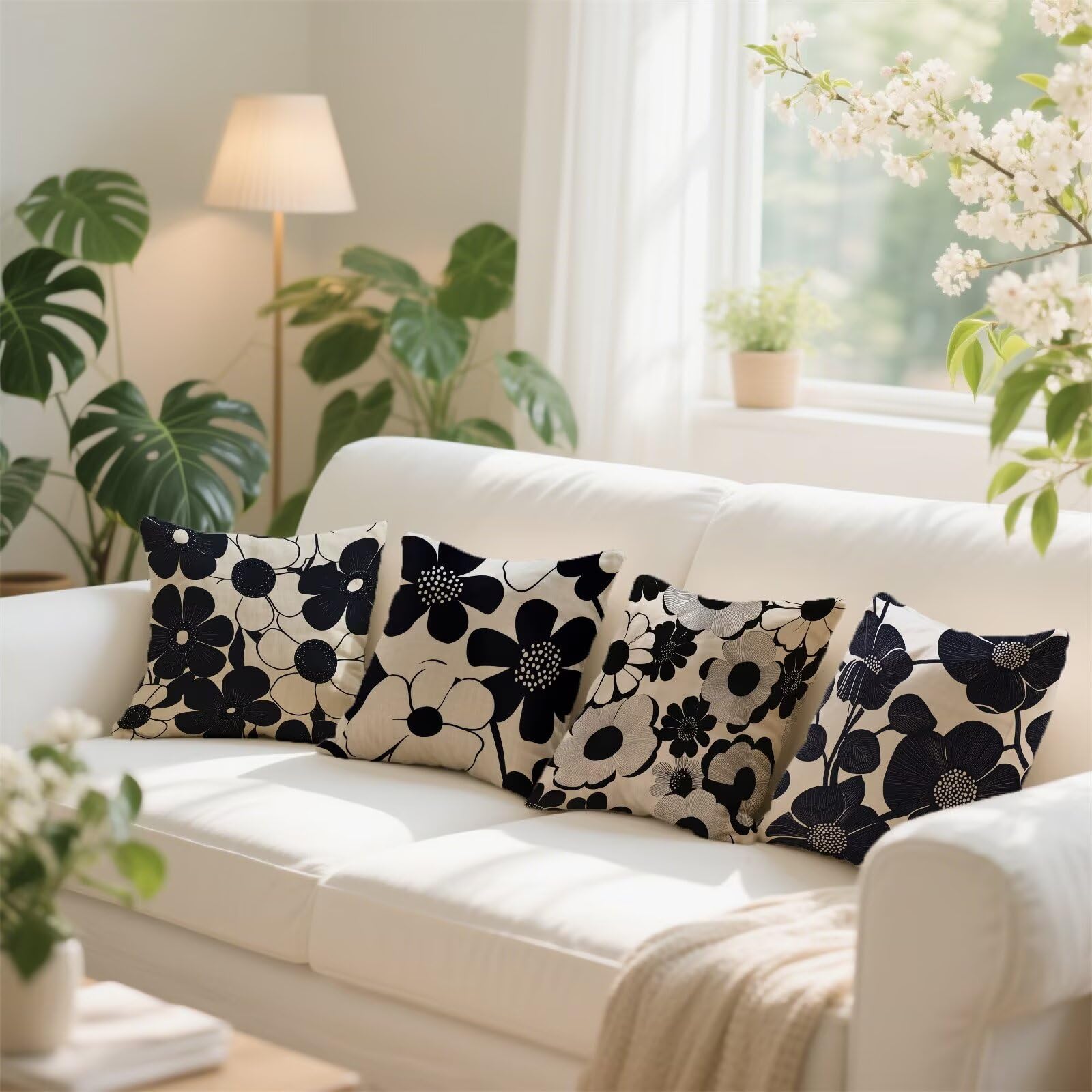 Fundas Cojines 65 x 65 cm En blanco y negro Cojines para Exterior Impermeable Juego de 4 Moderno Cushion Covers Cojin Cuadradas Lino de Sofá Decorativas Funda de Cojin para Sala Sofá Cama Silla X-768