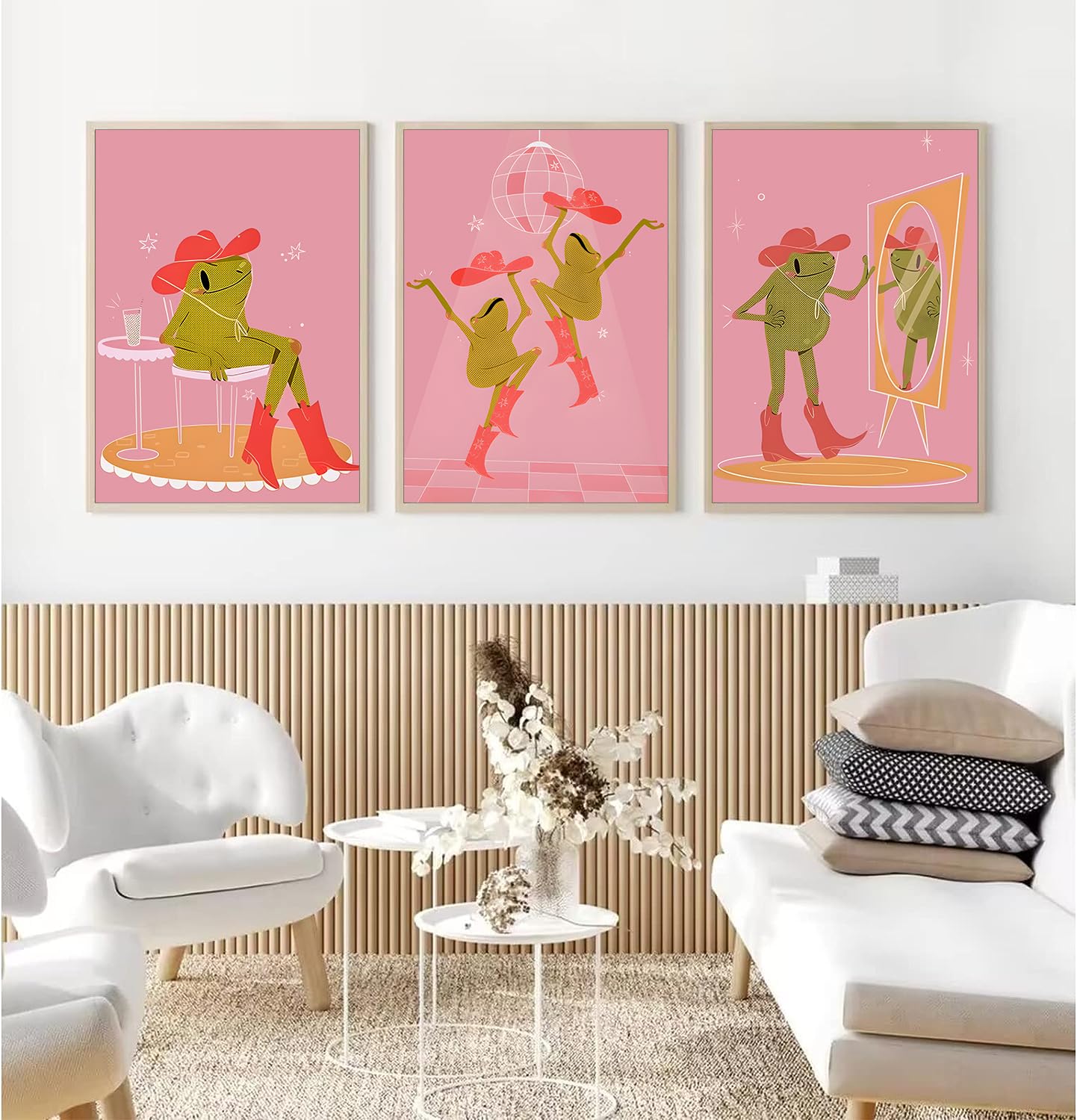 3 Stampe Su Tela Con Rane Rosa E Verde – Poster Artistici Da Parete 30x40 Cm – Decorazione Vintage Per Cameretta, Bagno O Soggiorno