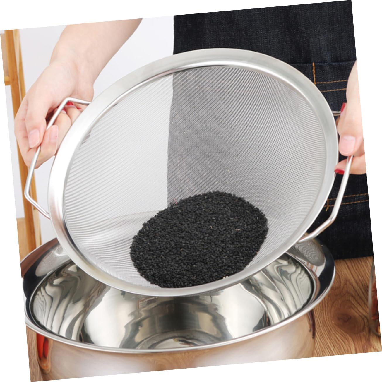 1pc Stainless Steel Mesh Strainer Double Handle Kitchen Sifting Tool for Rice Flour and Vegetable Draining Multifunctional Cooking Gadget for Home Use
