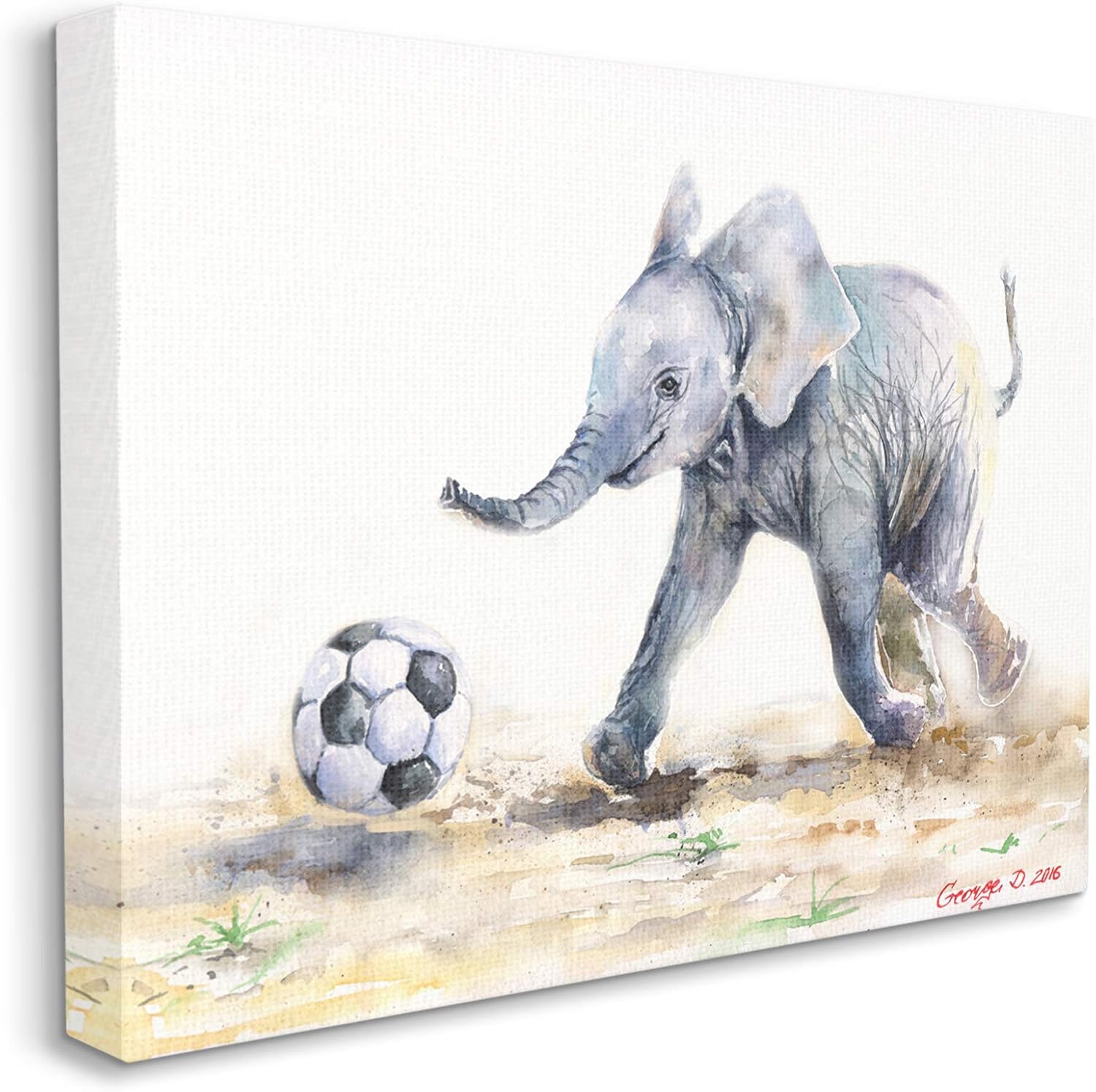 Stupell Industries Elephant Baby Playing Soccer Adorable Jungle Animal, Design by George Dyachenko Canvas Wall Art, 16 x 20, Grey