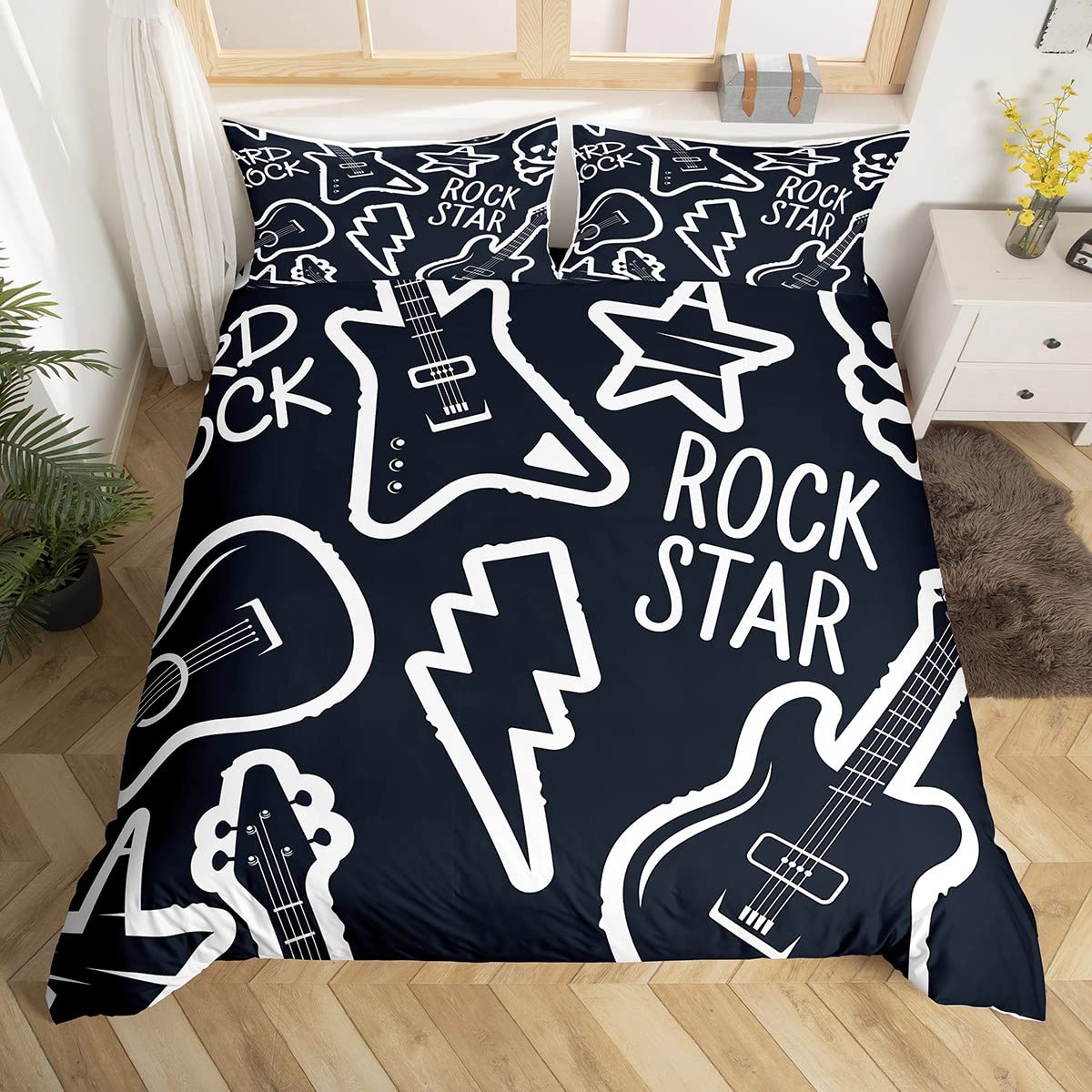 Black to Blue Rock Star Style Comforter Cover Set for Kids Girls Teens White Guitar Pattern Duvet Cover Microfiber Quilt Cover Decor 2Pcs Bedding with 1 Pillowcase Single,Single (53 inchx79 inch)