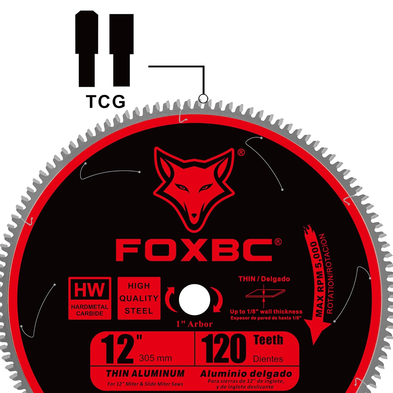 FOXBC 12 Inch Aluminum Cutting Saw Blade, 120T Tooth, TCG with 1-Inch Arbor