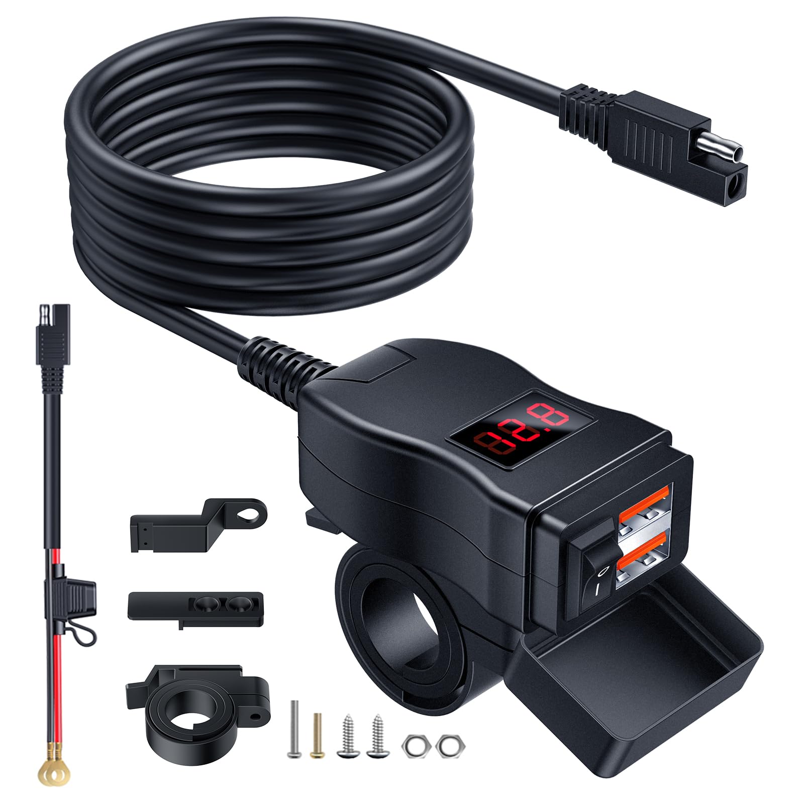 EXTRACTME Motorcycle USB Charger, Dual USB Quick Charge 3.0 Motorcycle Phone Charger with Voltmeter & ON/Off Switch, Waterproof Motorcycle Accessories for All Phone, Tablet, GPS (Red)