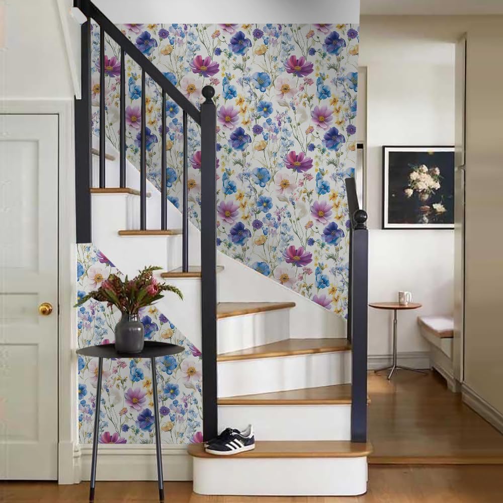 Watercolor Pink Purple Wildflower Daisy Flowers Peel and Stick Wallpaper Wall Decor Self Adhesive Wall Paper Stick on Easy Peel Off Contact for Renter Apartment