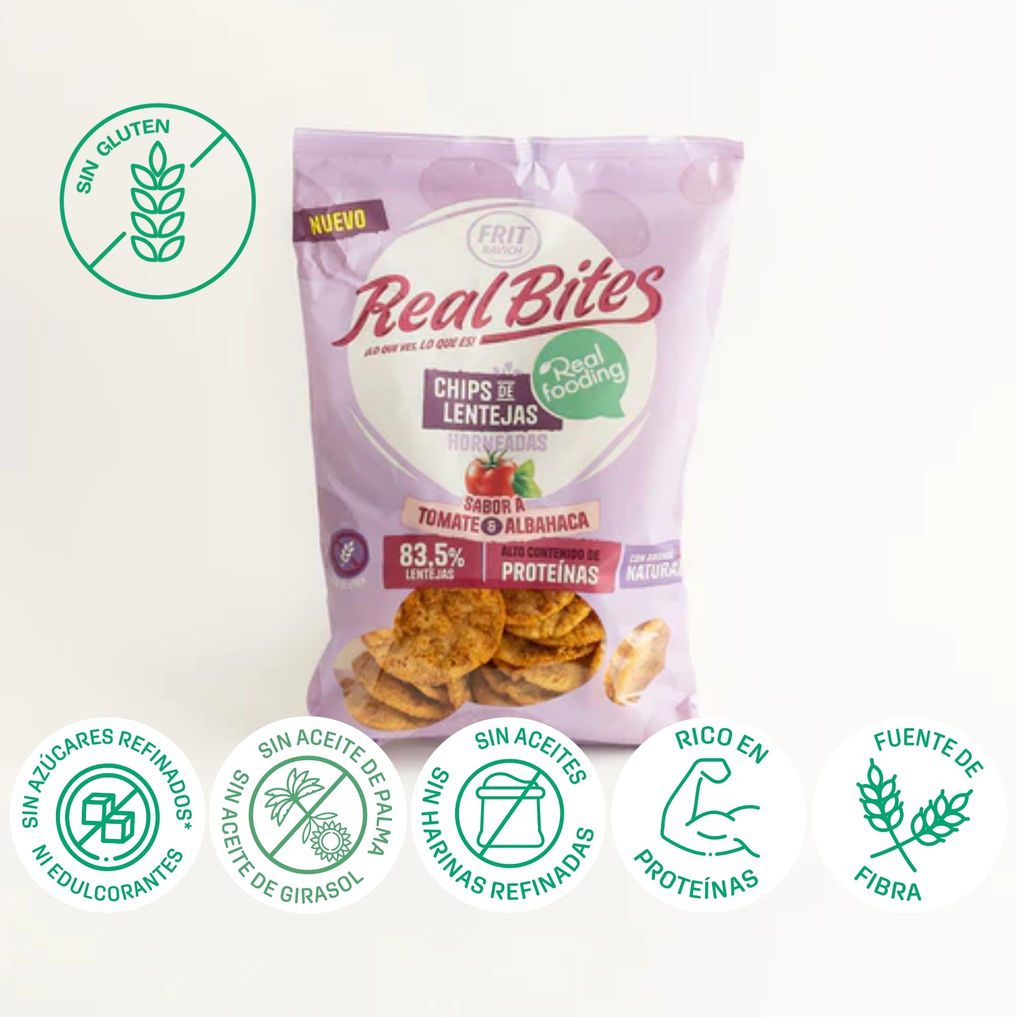Chips de Lenteja RealFooding - Caja 6 Paquetes - Sabor: Tomate y Albahaca. 6 Bolsas x 80 gramos. Chips de Lenteja al 86% Horneados - RealBites - Sin Gluten