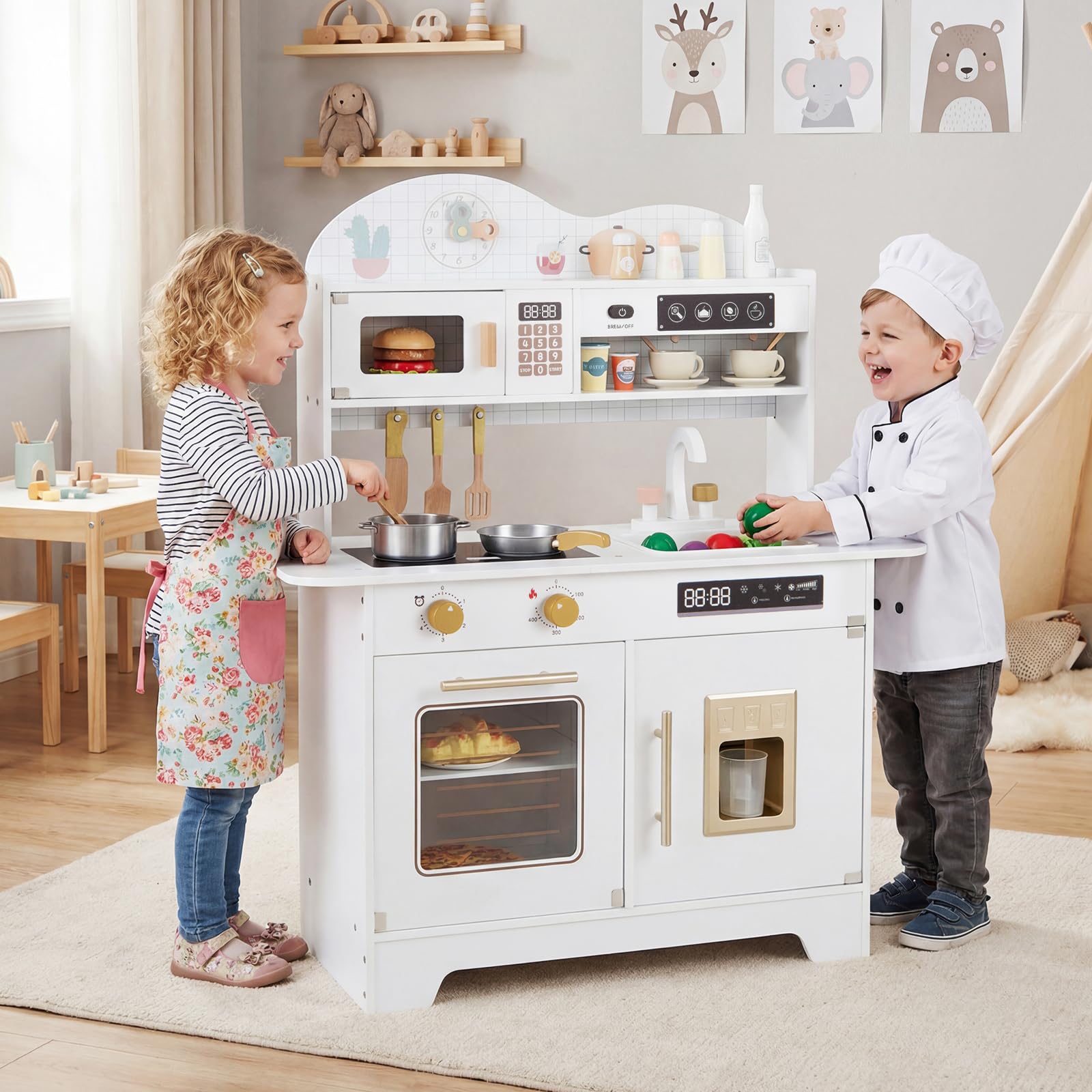 COSTWAY Kinderküche, Spielküche Holz mit 17 Zubehörteilen, Spielzeugküche mit Backofen, Eismaschine, Mikrowelle & Herd, Holzküche für Kinder ab 3 Jahren (Weiß)
