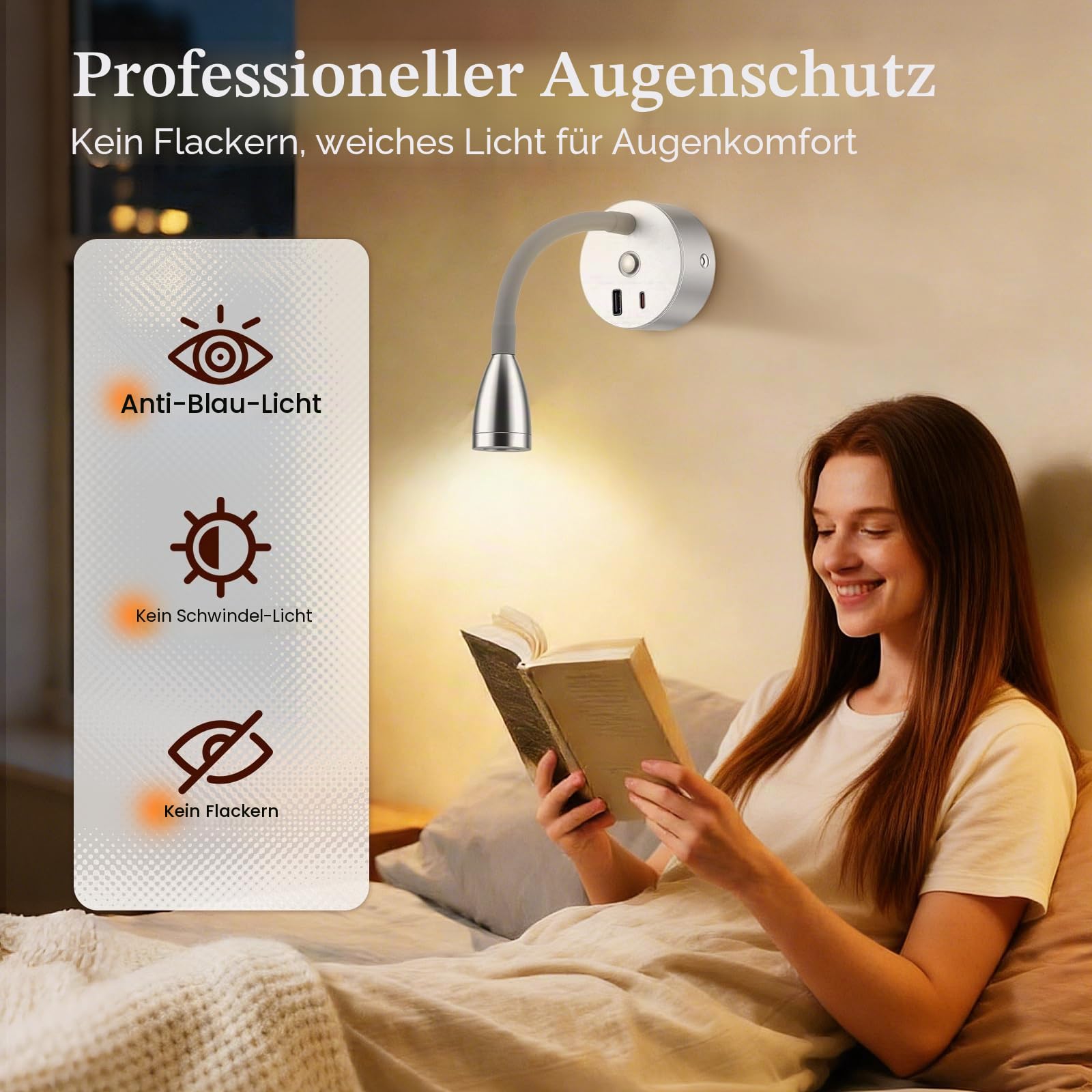 2 Stück LED Leselampe Wohnmobil Dimmbare Wandleuchte, Flexible Schwanenhals Wandlampe, 12V Nachttischlampe mit USB + Type-C -Ladeanschluss, für Wohnmobil Boot Wohnwagen Van LKW Yacht