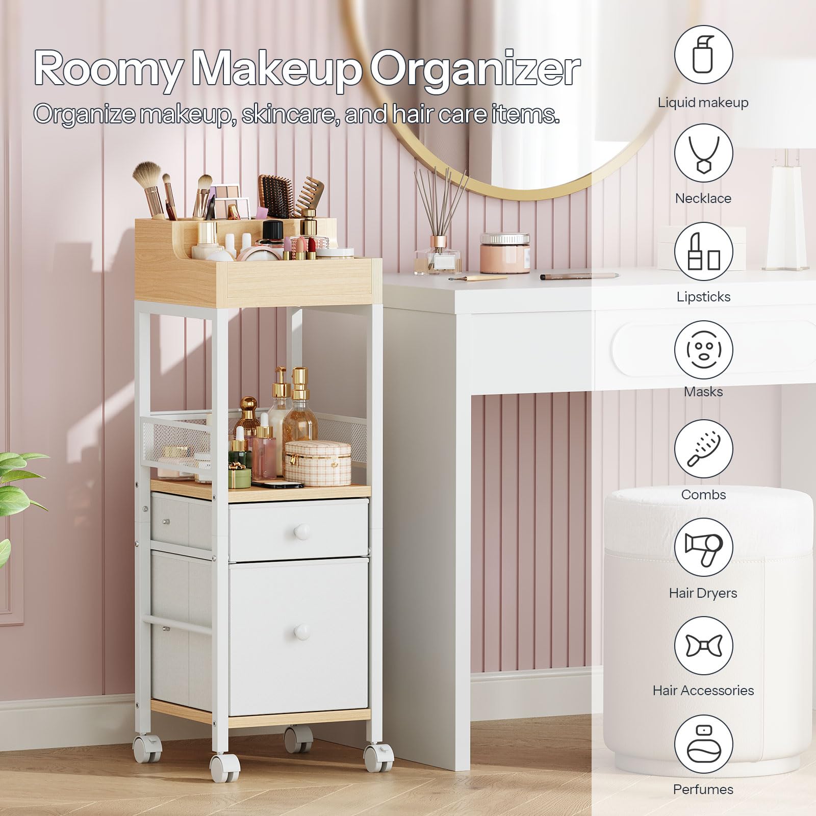 HOOBRO Mobilny wózek do makijażu, wózek kosmetyczny z szufladą z tkaniny, wózek na toaletkę na produkty do pielęgnacji skóry, pędzle, lakier do paznokci, artykuły fryzjerskie, biały i naturalny