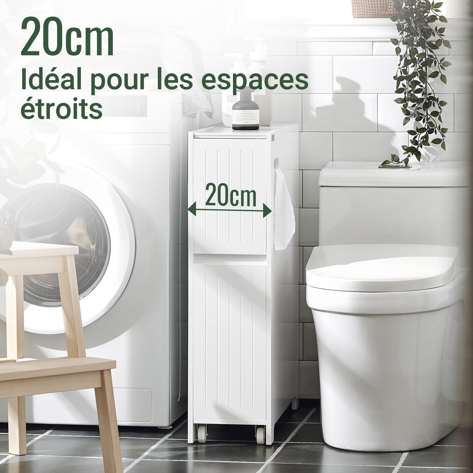 SoBuy Meuble Salle de Bain avcc 2 Tiroirs Meuble WC de Rangement 60x20x75cm | Armoire WC Compact, Meuble Salle de Bain Étroit avec Roulettes, en Bois, pour Rangement de Papier Toilette, BZR111-W