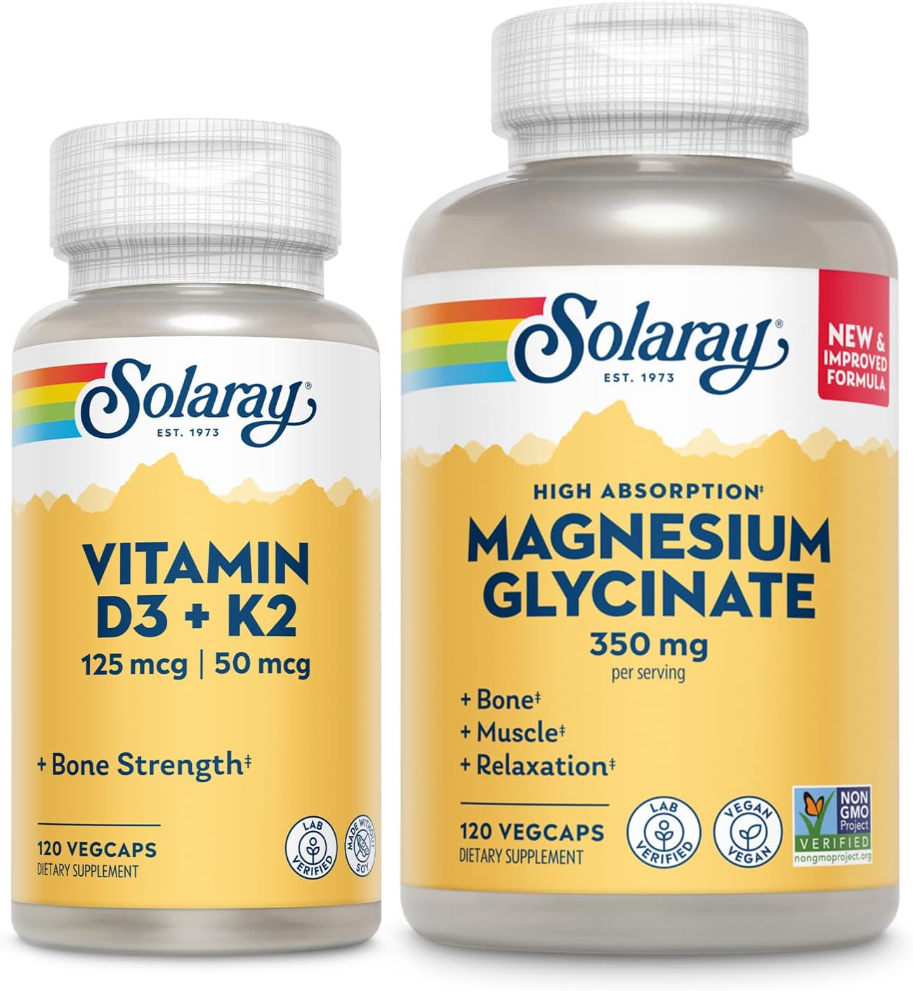 Vitamin D3 K2 and Magnesium Glycinate - Bone Health Bundle - Calcium Absorption, Nerve, Heart and Immune Support w/ 5000 IU Vitamin D, 350mg Chelated Magnesium, 60-Day Guarantee, 120ct/120ct