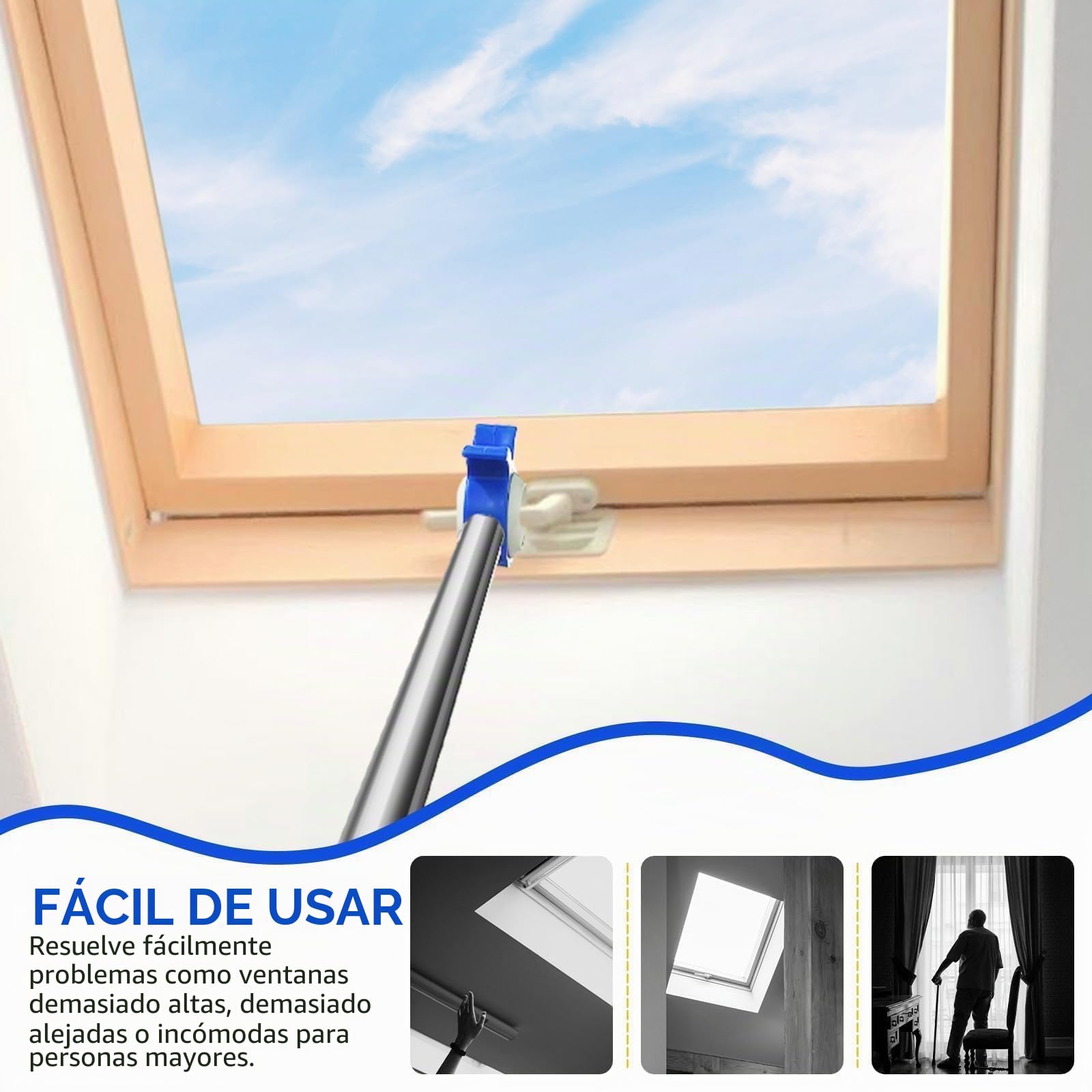 Tubo de extensión con gancho para ventana de tejado, 110 cm, acero inoxidable, compatible con Velux, para manipular ventanas y persianas de difícil acceso