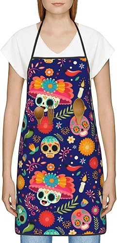 Miniatura 9 de Woyaba Delantal de calavera de azúcar, delantales de cocina para hombres y mujeres, delantal de cocina, delantal de chef, delantales de jardín