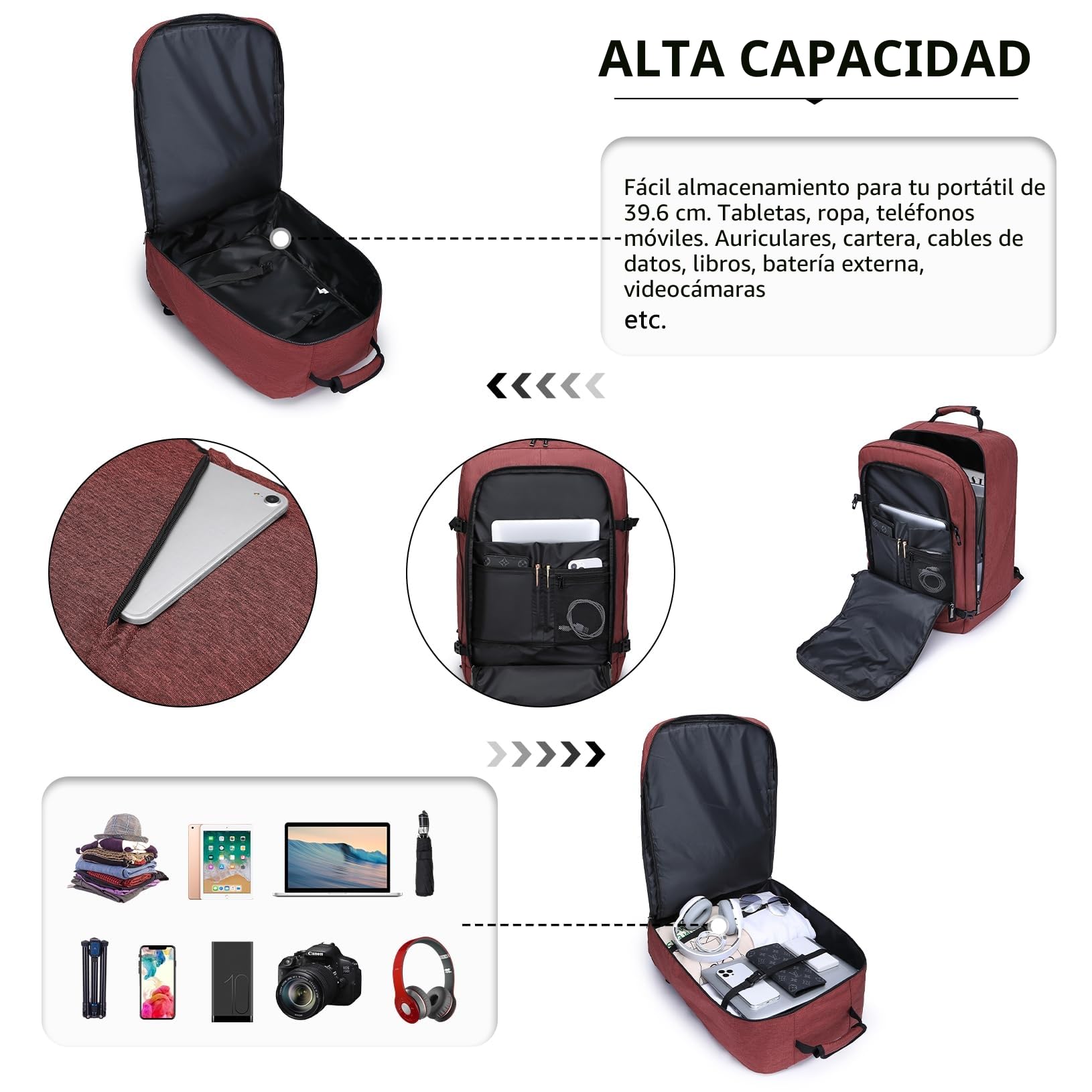 Kono Mochila Cabina 55x35x20cm Bolsa de Viaje Grande Bandolera Portátil 38L (Rojo)
