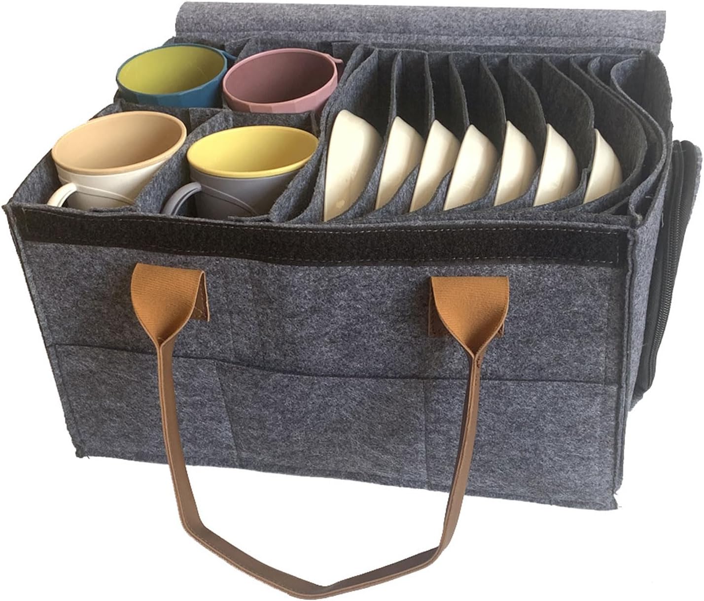 Caravan Plate Holder, Camping Storage Bag, Multipurpose Felt Camping Storage with Divider, Large Capacity Campervan Dinnerware Storage Solutions for Motorhome Mobile Home Camping Kitchen Cookware