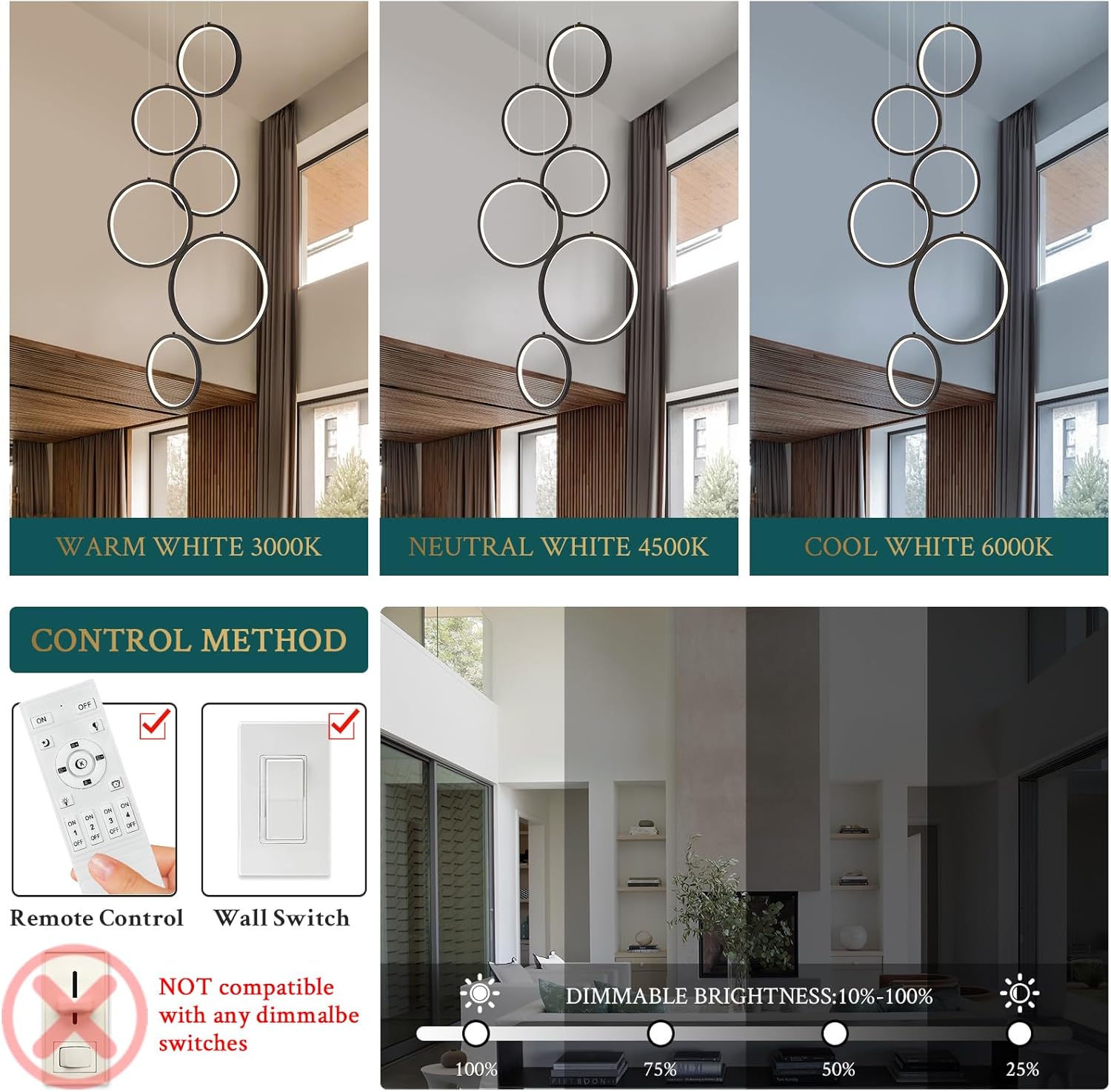 6 Rings Modern LED Chandelier for High Ceiling Dimmable Black Contemporary Pendant Light Fixture Long Foyer Chandelier for Entryway Staircase Dining Room Living Room, 3000-6500K