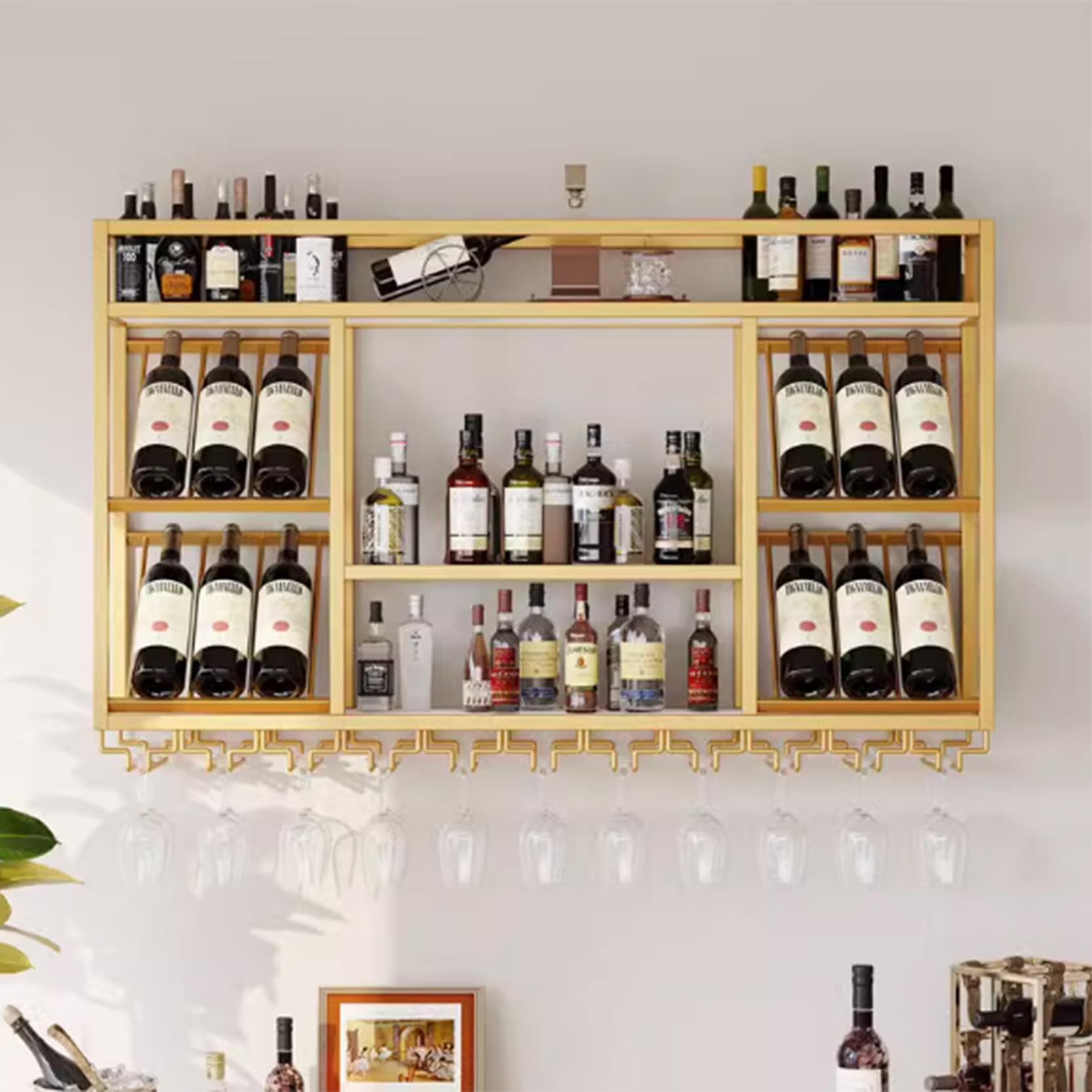 Présentoir à vin doré de luxe en métal étagère murale design moderne 100cm