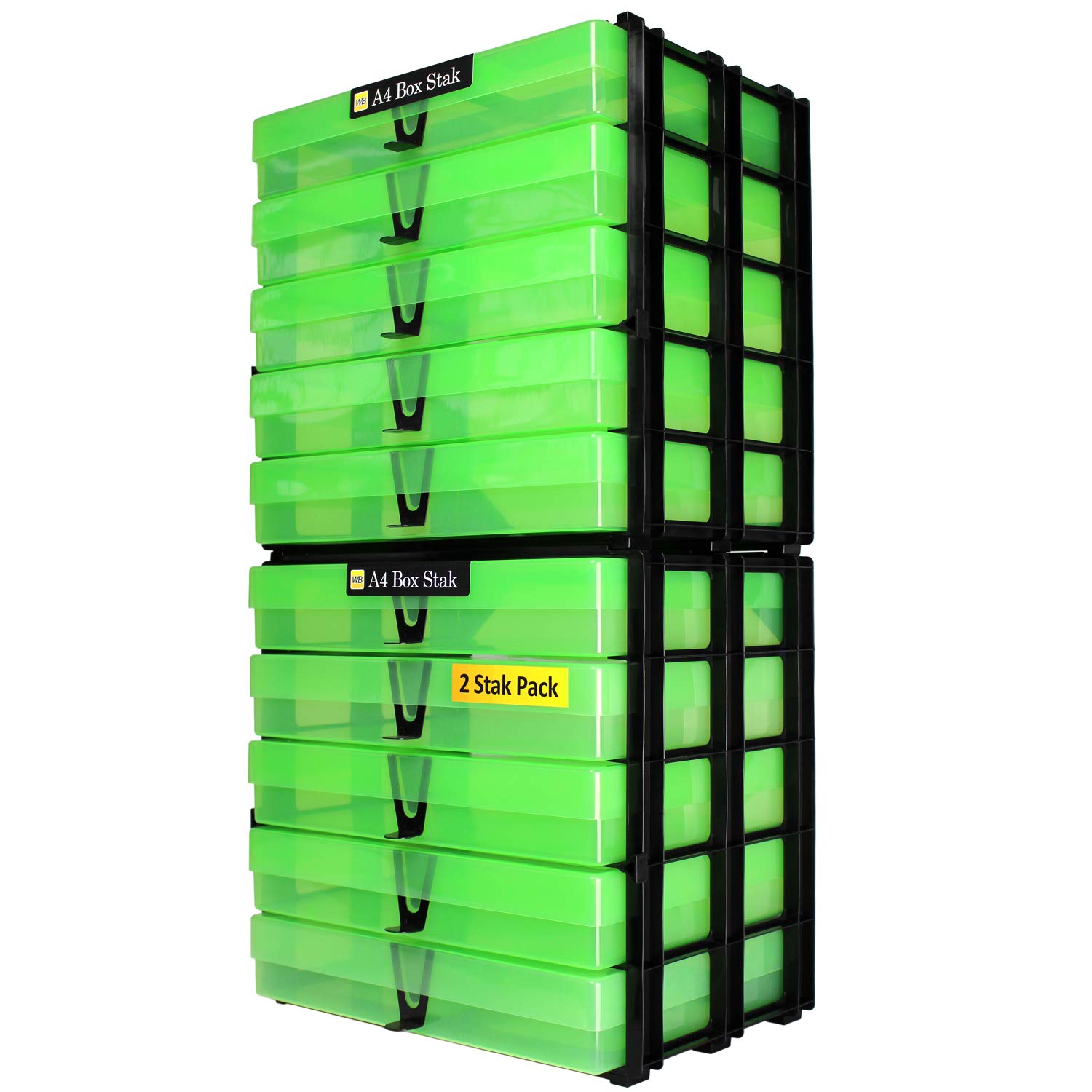 WestonBoxes A4 Box Stak, Stackable Craft Storage Box Unit Including Plastic A4 Storage Boxes with Lids (Green, Pack of 2) — image 1