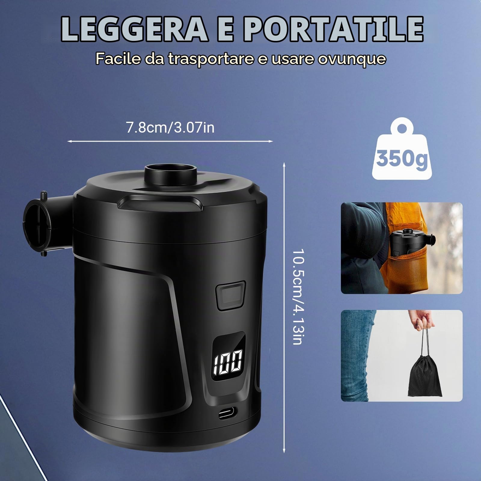 Pompa Elettrica, 5200mAh Pompa Elettrica Portatile, Gonfiaggio e Sgonfiaggio Rapido, Gonfiatore Elettrico con 4 Ugelli per Materasso Gonfiabile, Divano Gonfiabile, Piscina Gonfiabile