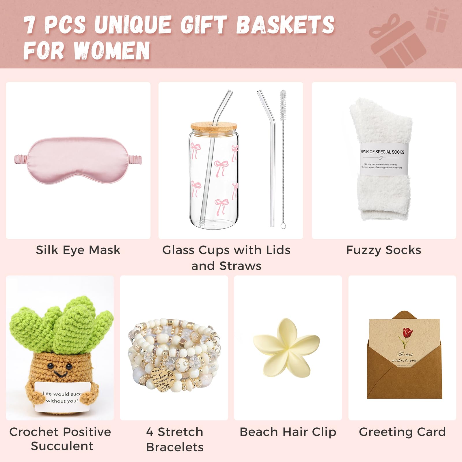 Cesti regalo da donna – 7 pezzi Get Well Soon Care Package con incoraggiamento succulente – Regalo di compleanno per migliore amica, regalo di compleanno per mamma, lei, moglie, sorella