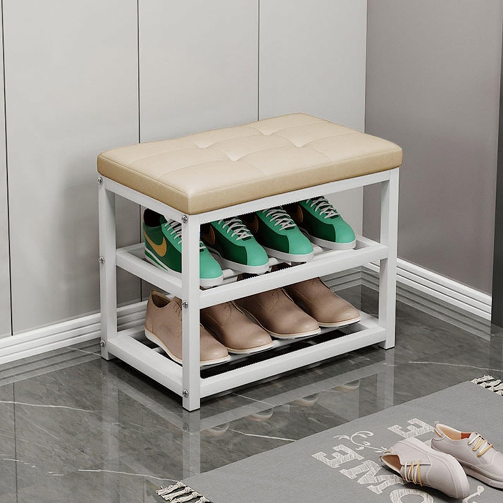 Banc à chaussures robuste en métal avec assise rembourrée haut de gamme