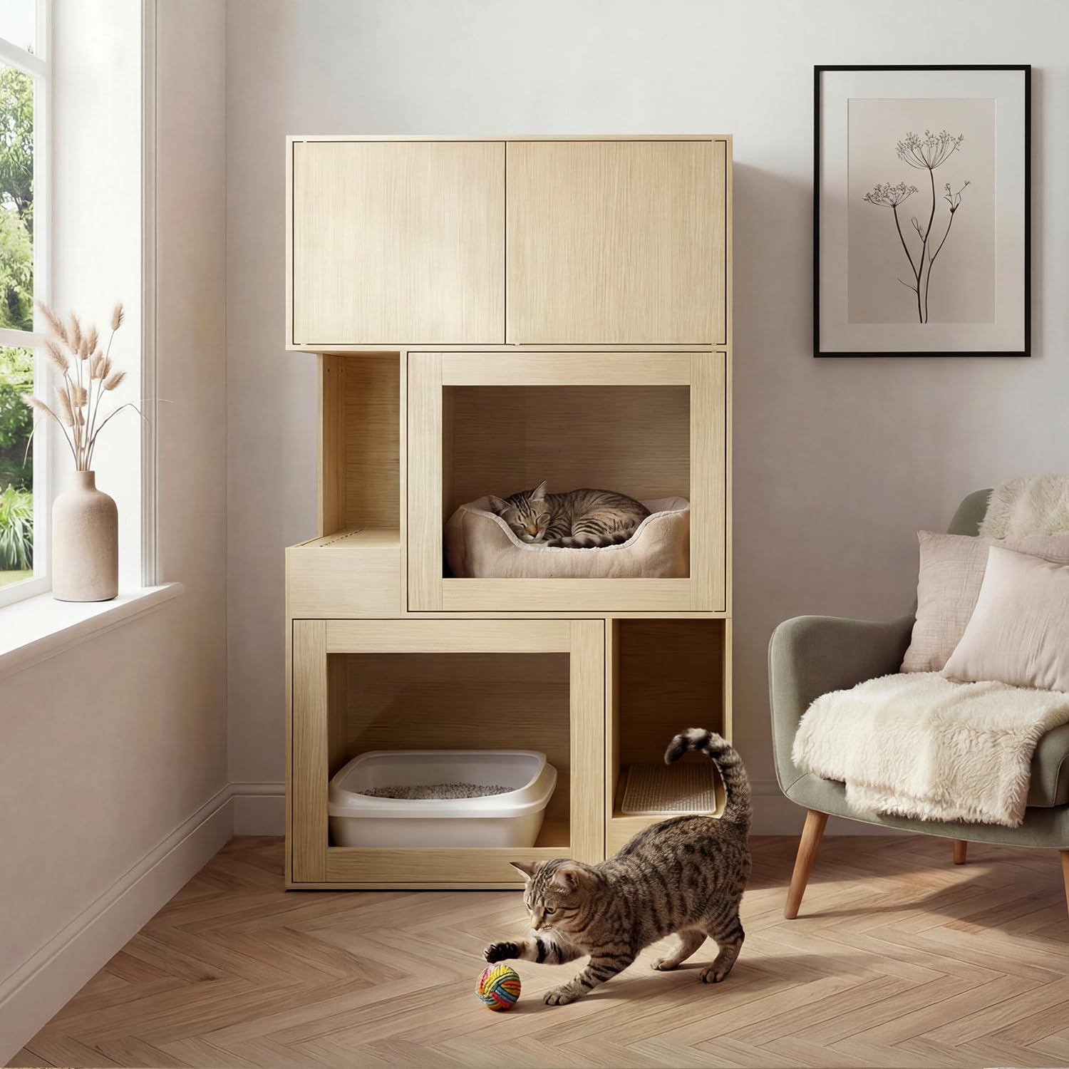 Armoire pour chat avec bac à litière à 4 portes Armoire pour chat avec compartiments ouverts Meuble Bac à Litière Chat Maison pour chat d'intérieur cachée Maison pour chat pour chambre à coucher salon