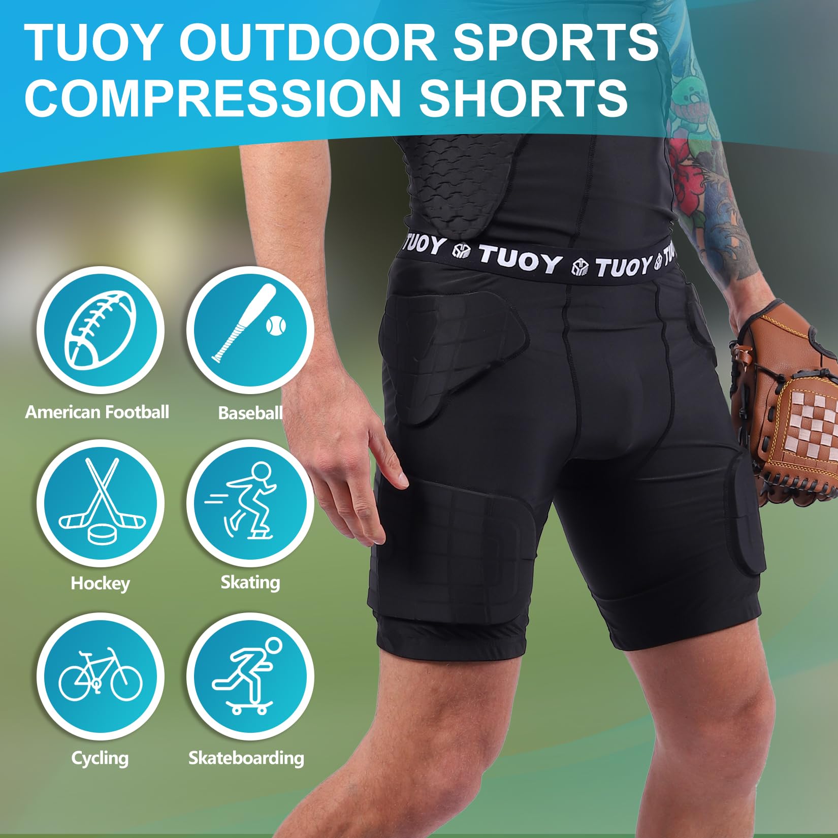 TUOY Gepolsterte Kompressions-Shorts, gepolsterter Fußballgürtel, Hüft- und Oberschenkelschutz für Fußball, Paintball, Basketball, Eislaufen, Rugby, Fußball, Hockey und alle anderen Kontaktsportarten