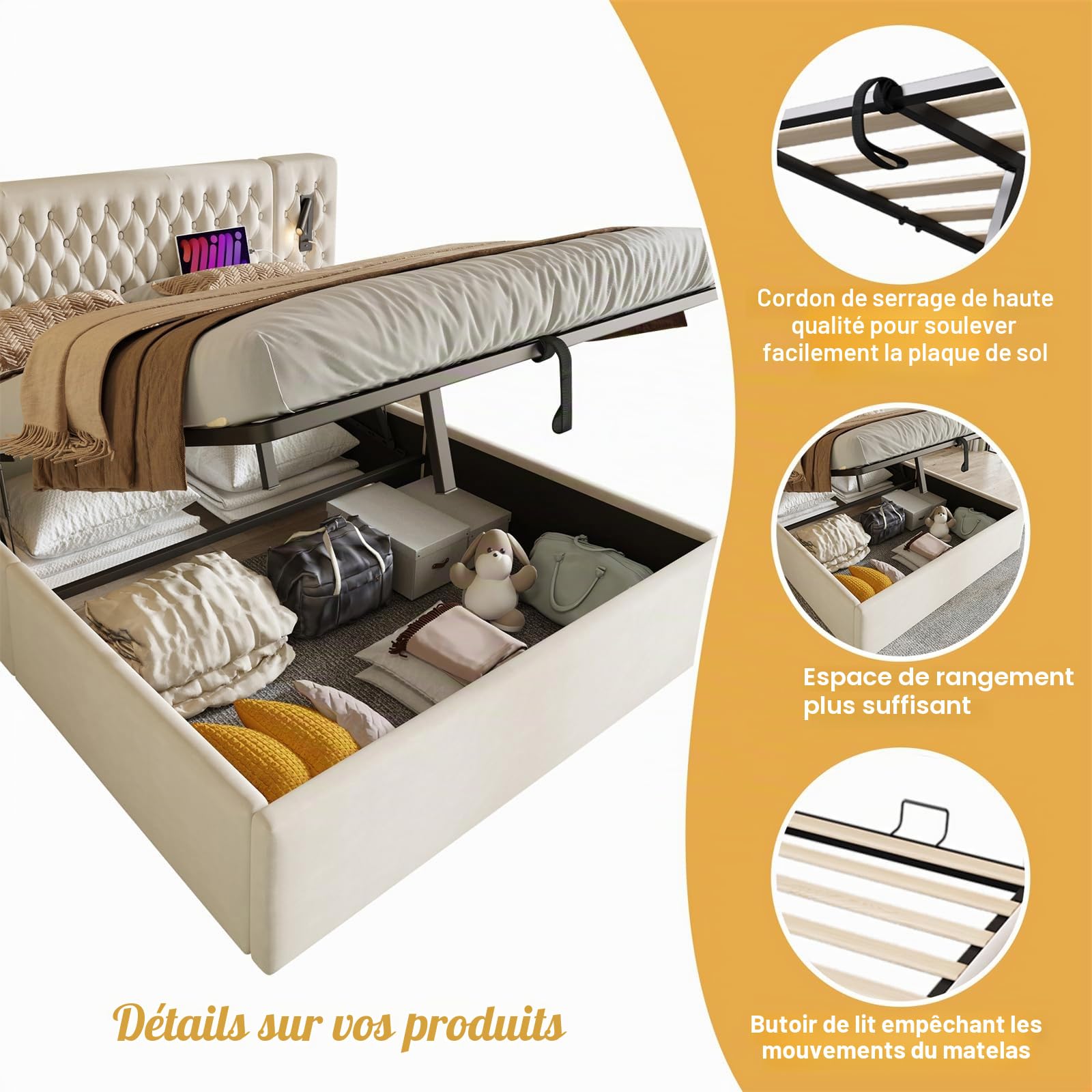 Ensemble Complet de Lit pour Chambre à Coucher, Lit Double, 160 x 200 cm, lit de Rangement hydraulique, avec 2 Tables de Chevet, Lampe de Lecture avec Fonction de Charge USB, Beige,(sans Matelas)