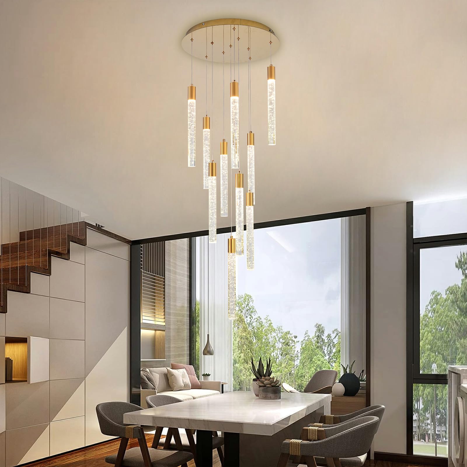 Qcyuui Gold Kristall Pendelleuchte, Dimmbare LED Treppenhauslampe | Modern-Minimalistische Deckenleuchte für Hohe Decken, Wohnzimmer und Esszimmer,Extra Groß und Höhenverstellbar