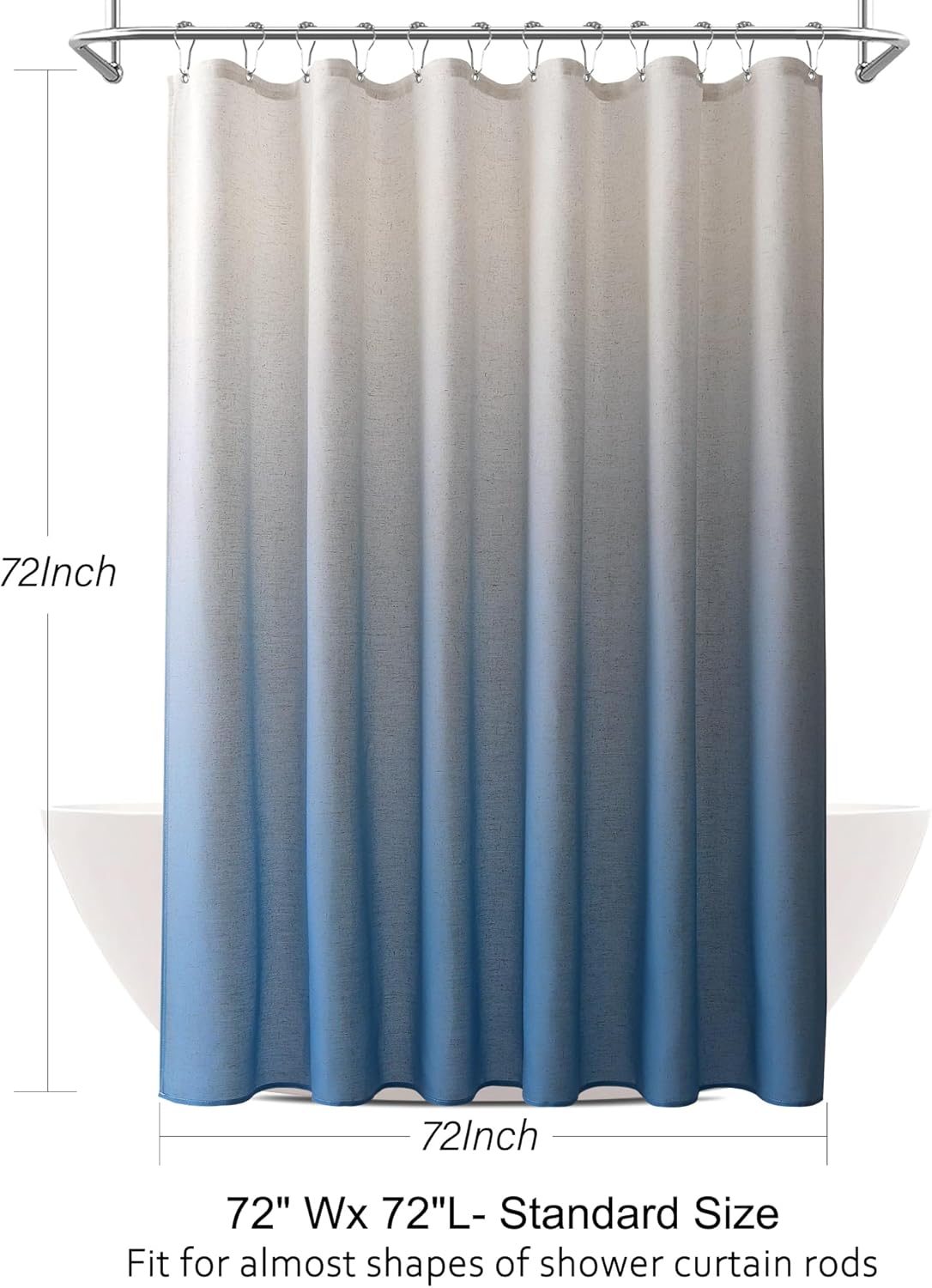 Ombre Blue Linen Shower Curtain, Rustic Boho Farmhouse Style Curtains for Bathroom, Cotton Blend Water Resistant Fabric Shower Curtain with Stainless Steel Hooks, 72 x 72 Inch