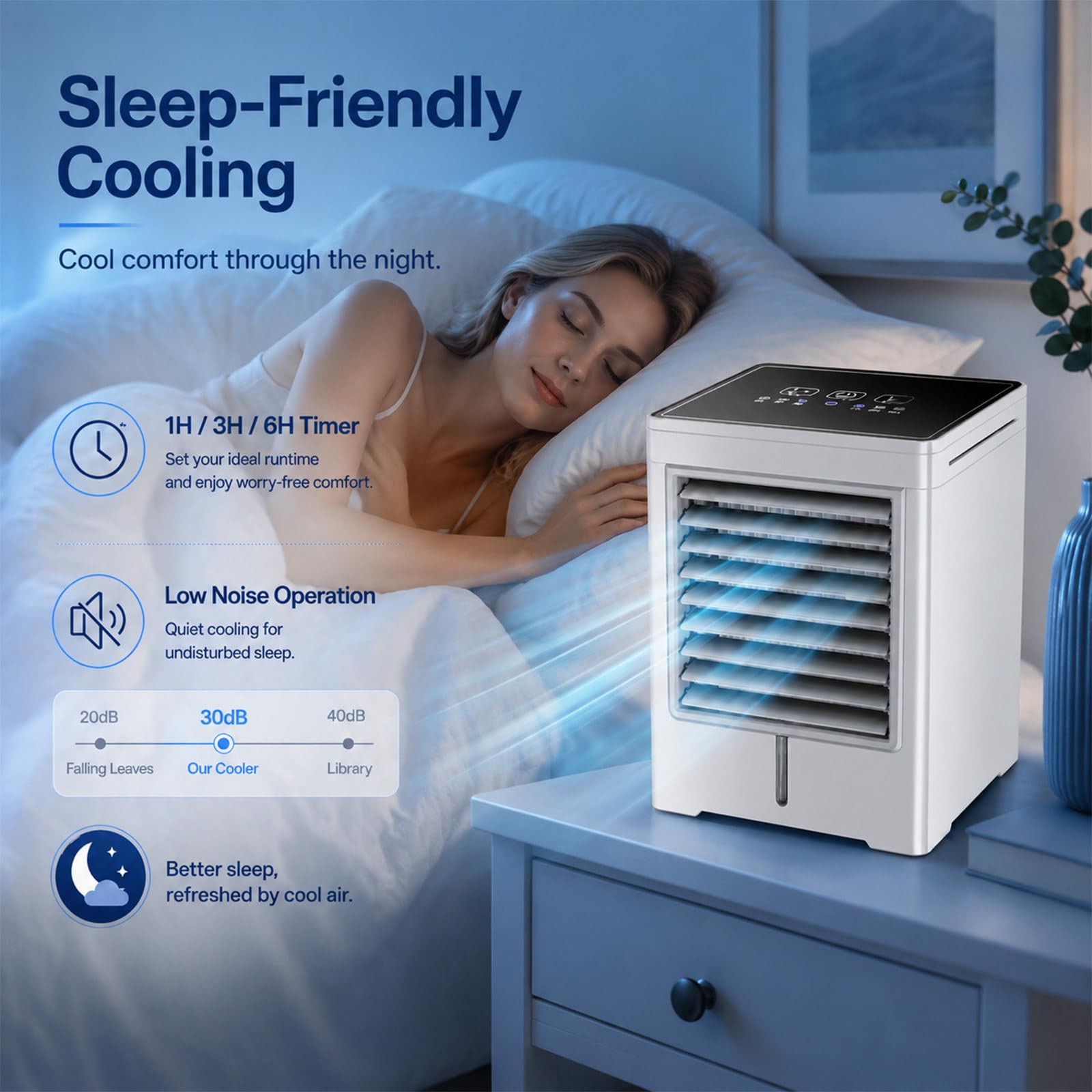 Condizionatore Portatile, Raffrescatore Evaporativo Alimentato Tramite USB, Ventilatore con 3 Timer, Serbatoio 470ml, 3 velocità, Super Silenzioso per Casa e Ufficio