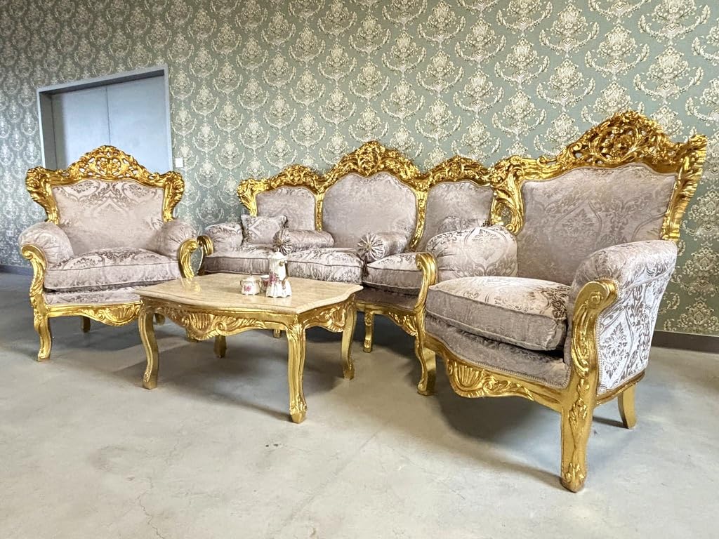 CasAmin Home & Living Sofagarnitur in Dunkelbeige Französisches Couchgarnitur im Louis XL Stil mit Goldfinish für die Hotellobby Barock Rokoko Salon Sofa als Wohnzimmer Dekoration