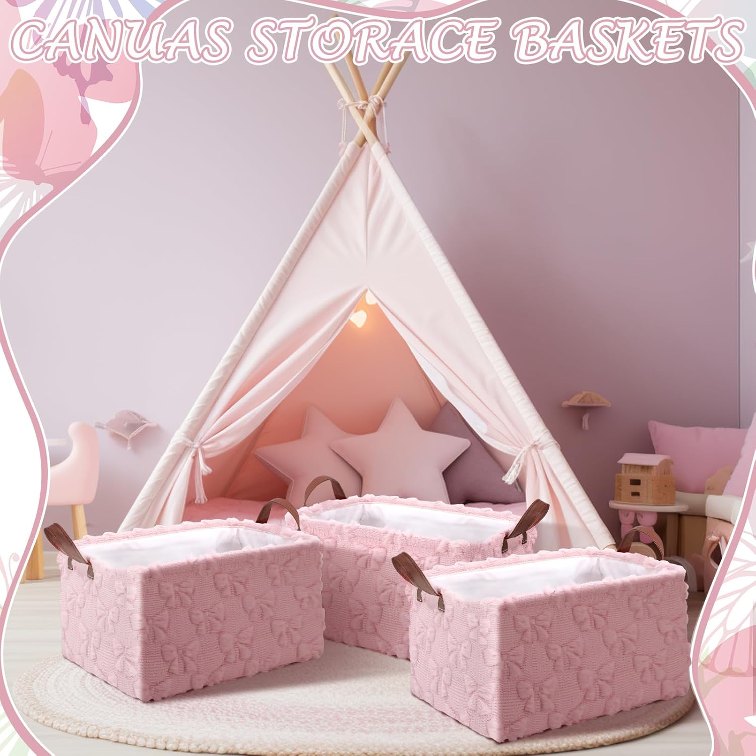 Kathfly 3 Pcs Bow Foldable Storage Baskets Pink Bow Plush Faux Fur Jacquard Design Laundry Basket with Handles Waterproof Storage Bins Fabric Shelf Baskets for Organizing Closet Clothes