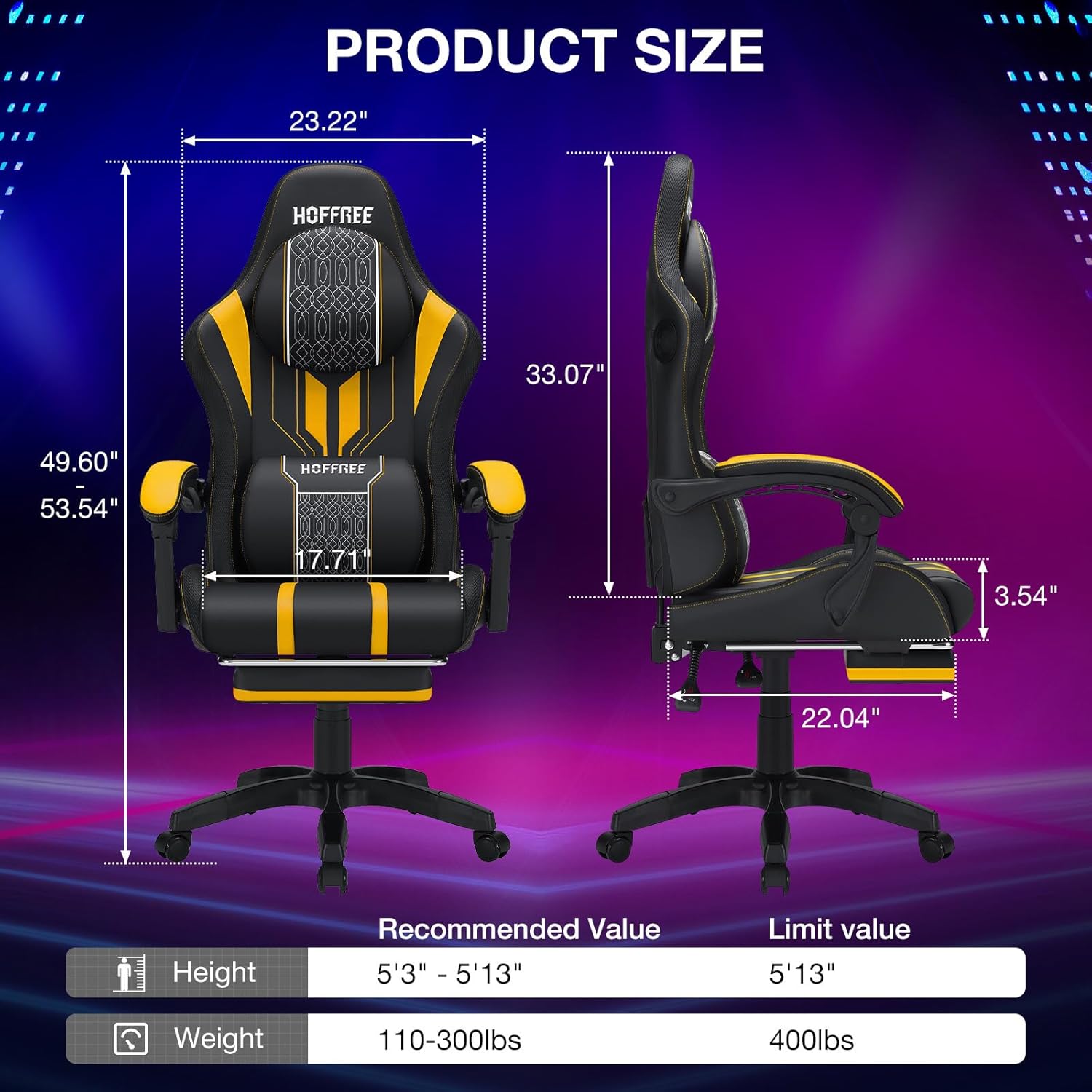 HOFFREE LED Gaming Chair with Speakers and Massage Video Game Chair Big and Tall with Footrest Gamer Chair for 400lbs Computer Desk Chair Yellow and Black, Yellow+black, HOGC-MAX303