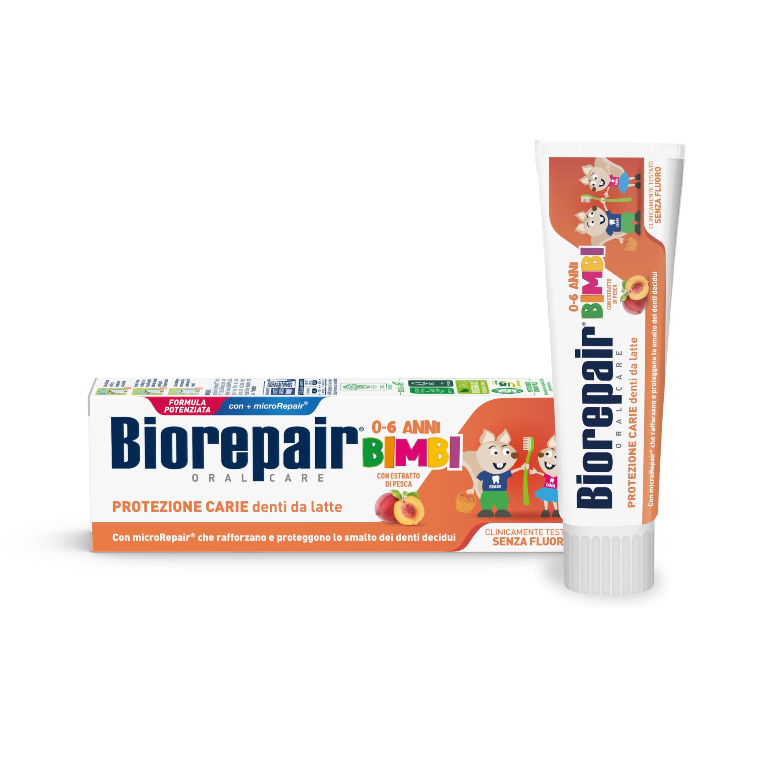 Biorepair Bimbi, Dentifricio Protezione Carie, Bambini 0-6 Anni, Con Estratto di Pesca, Con MicroRepair, Clinicamente Testato, Senza Fluoro e Coloranti, 50ml