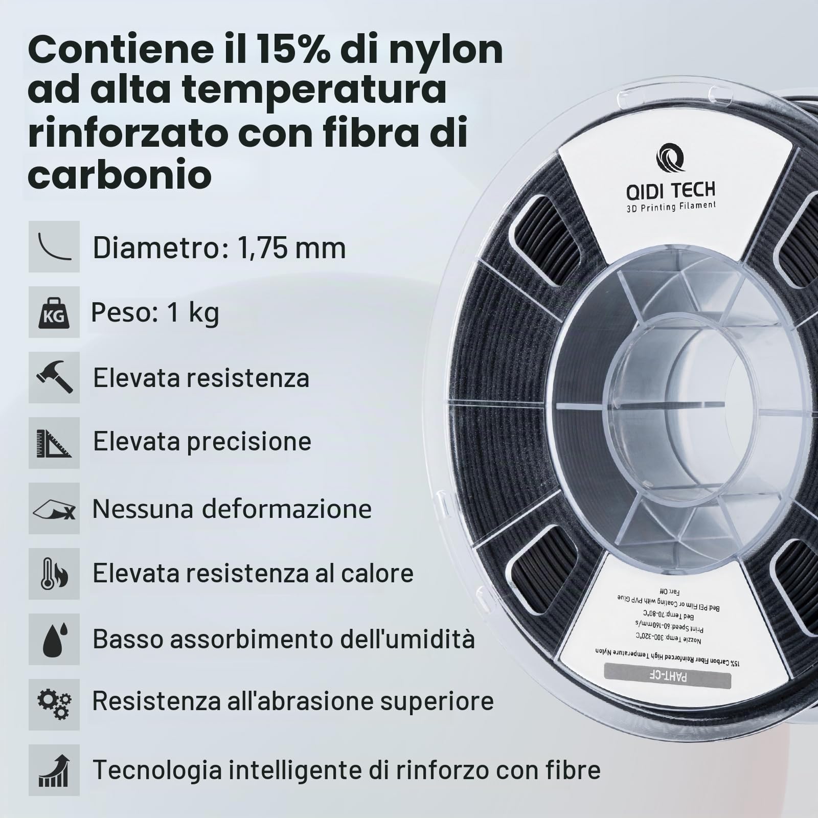 QIDI TECH PAHT-CF Filamento di nylon ad alta temperatura in fibra di carbonio 1,75 mm, bobina da 1 kg di filamento di stampa 3D, alta resistenza, alta precisione, nero