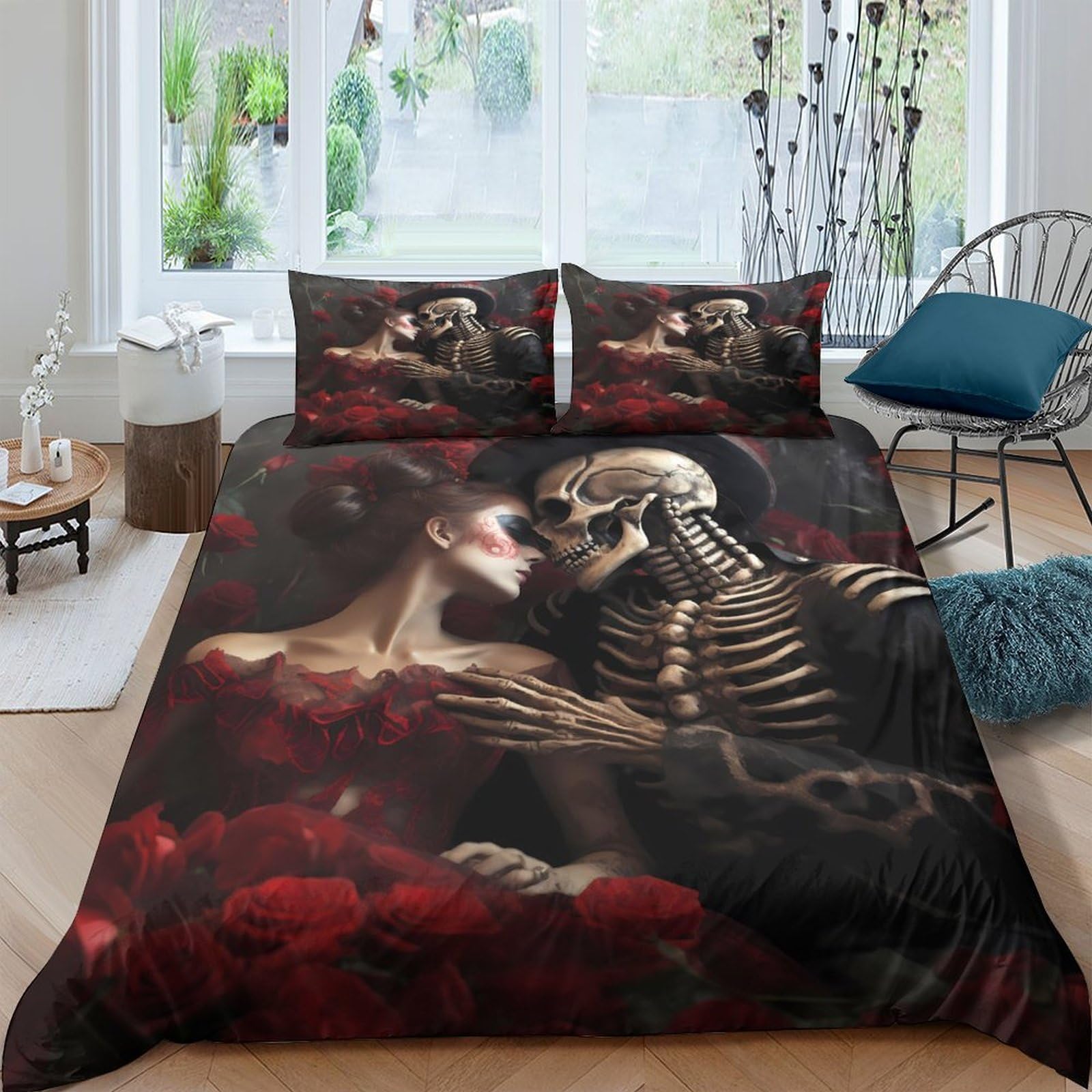 Copripiumino Coppia Scheletro Gotico 3D Stampato in Microfibra Decorazione Camera da Letto Set Biancheria da Letto Coppia Scheletrata Morbido Traspirante per Adulti Giovani Super king（260x220cm）